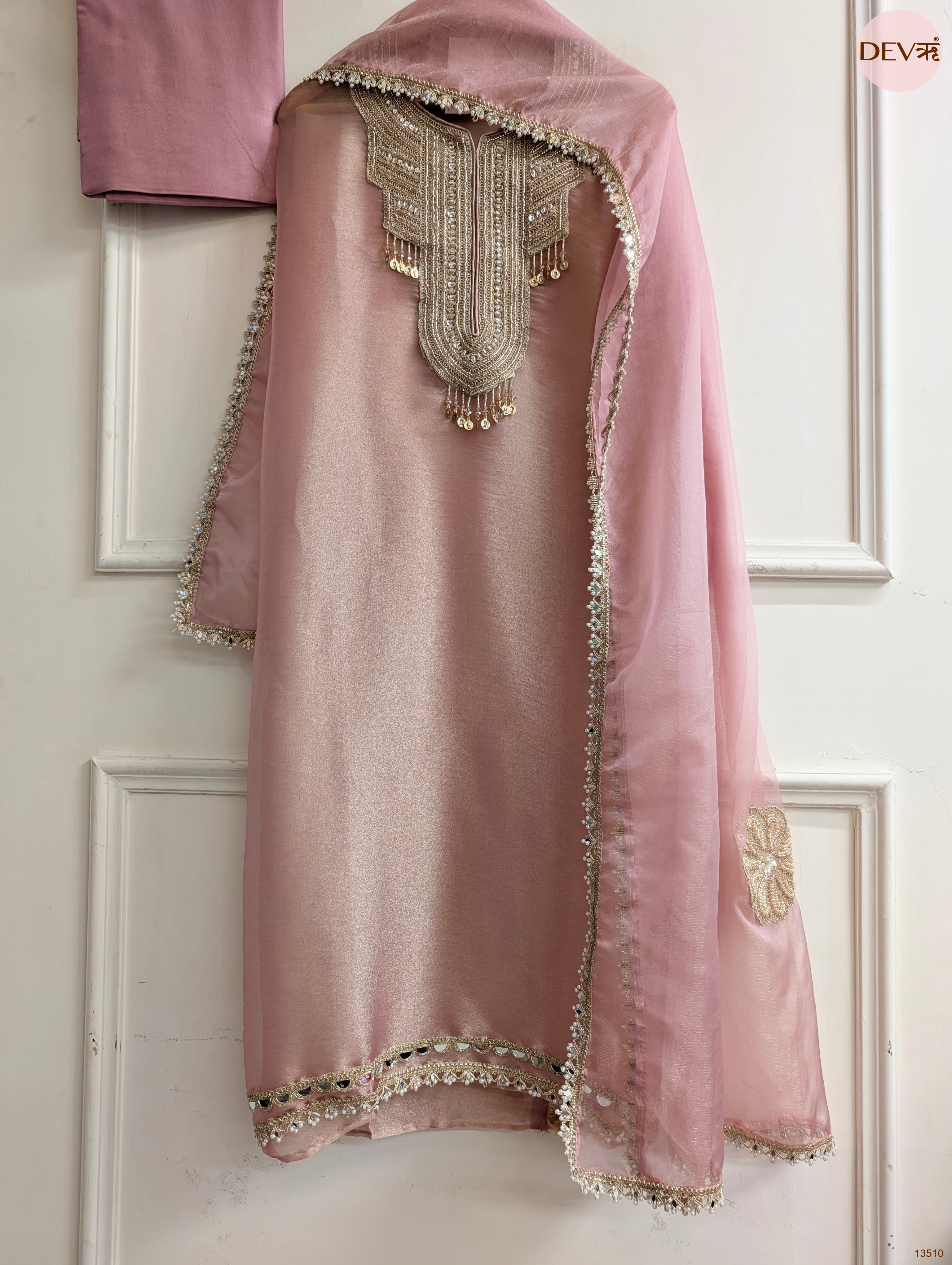 Pink Tissue Silk Hand Unstitched 3-Piece Suit (Devri – D.No 13510)
