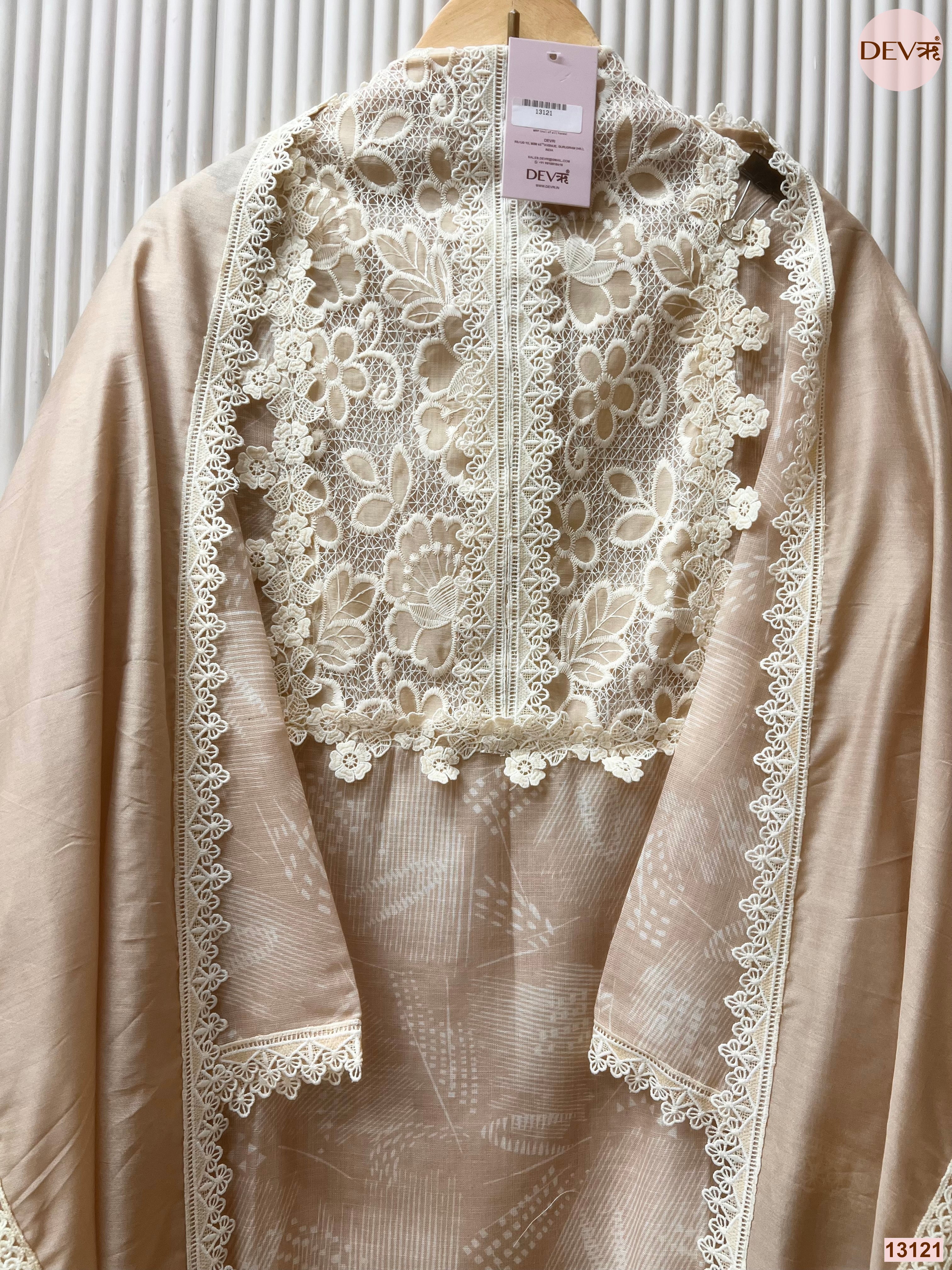 Beige Linen Embroidered Unstitched 3-Piece Suit (Devri – D.No 13121)