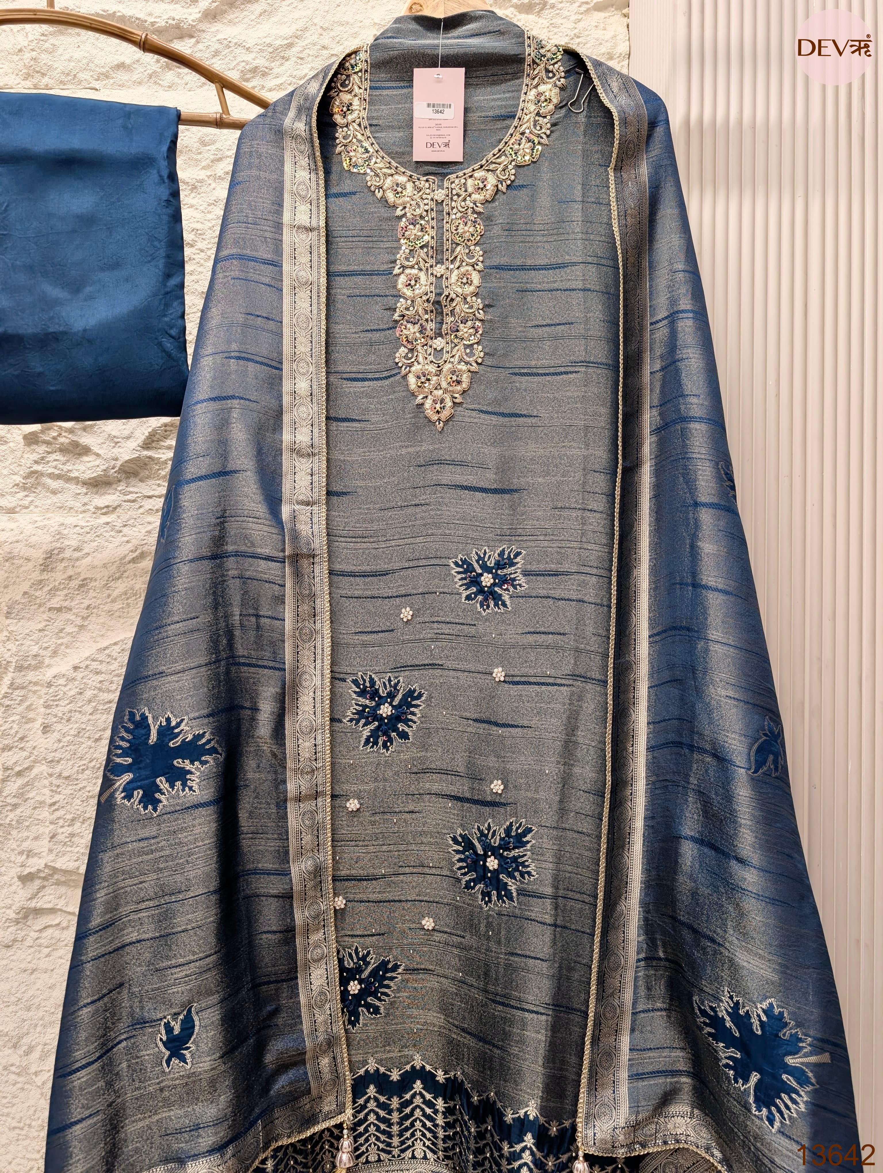 Blue Pure Girafe Banarasi Silk Embroidered Unstitched 3-Piece Suit (Devri – D.No 13642)