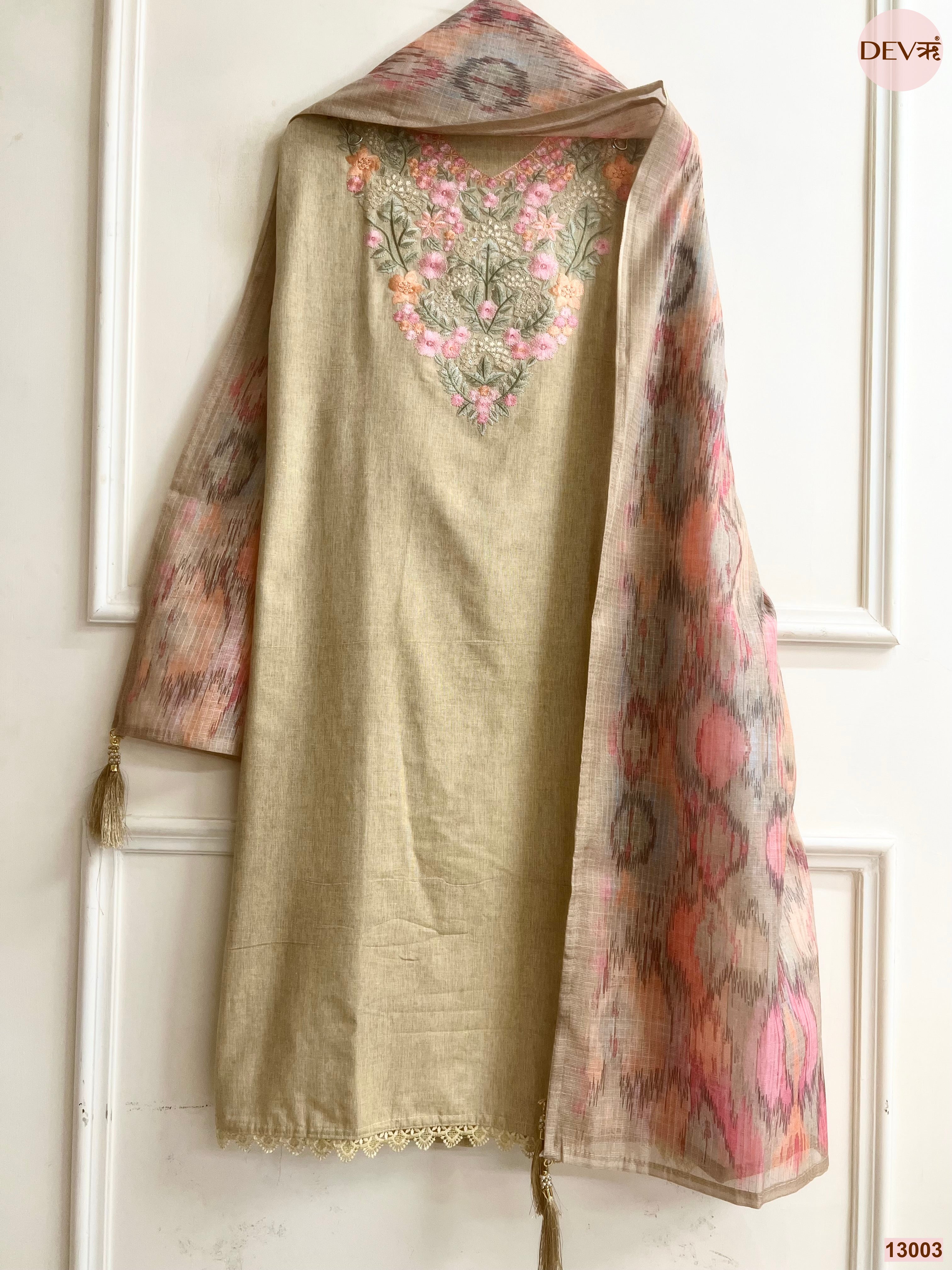 Beige Cotton Handloom Embroidered Unstitched 3-Piece Suit (Devri – D.No 13003)