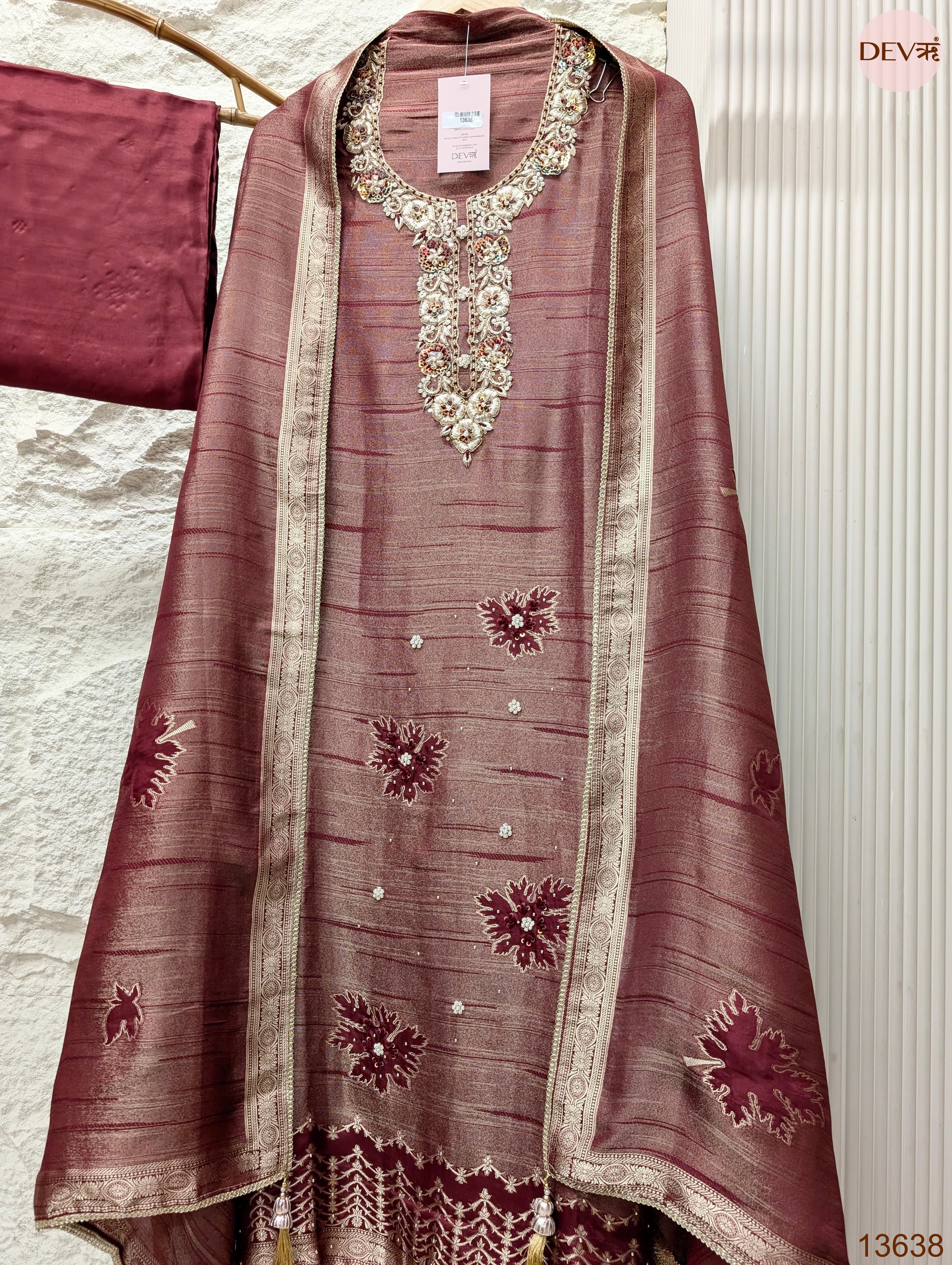 Wine Pure Girafe Banarasi Silk Embroidered Unstitched 3-Piece Suit (Devri – D.No 13638)