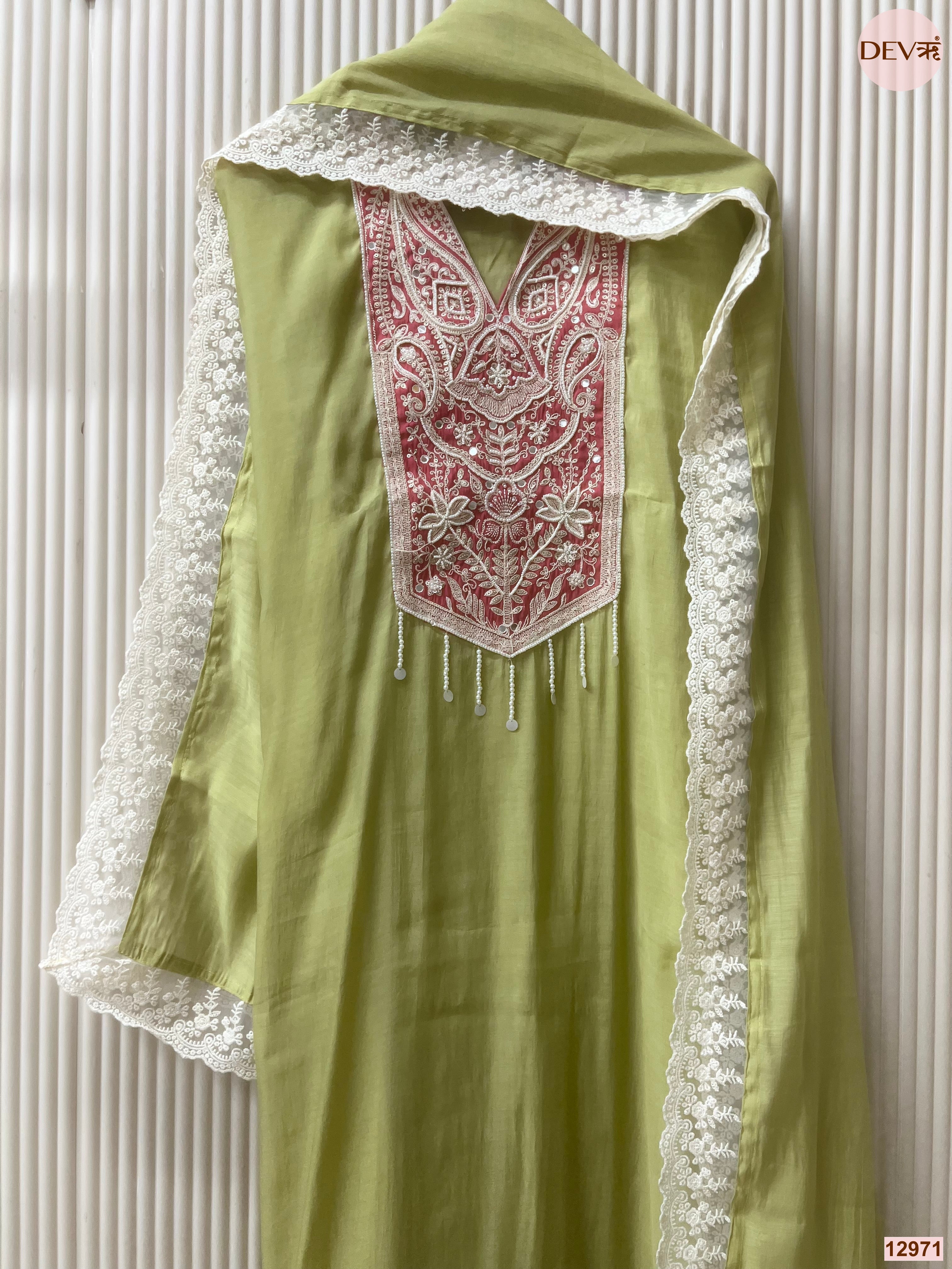 Green Mul Chanderi Embroidered Unstitched 3-Piece Suit (Devri – D.No 12971)