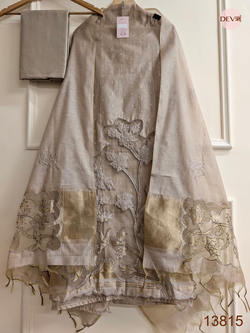 Taupe Mul Chanderi Embroidered Unstitched 3-Piece Suit (Devri – D.No 13815)