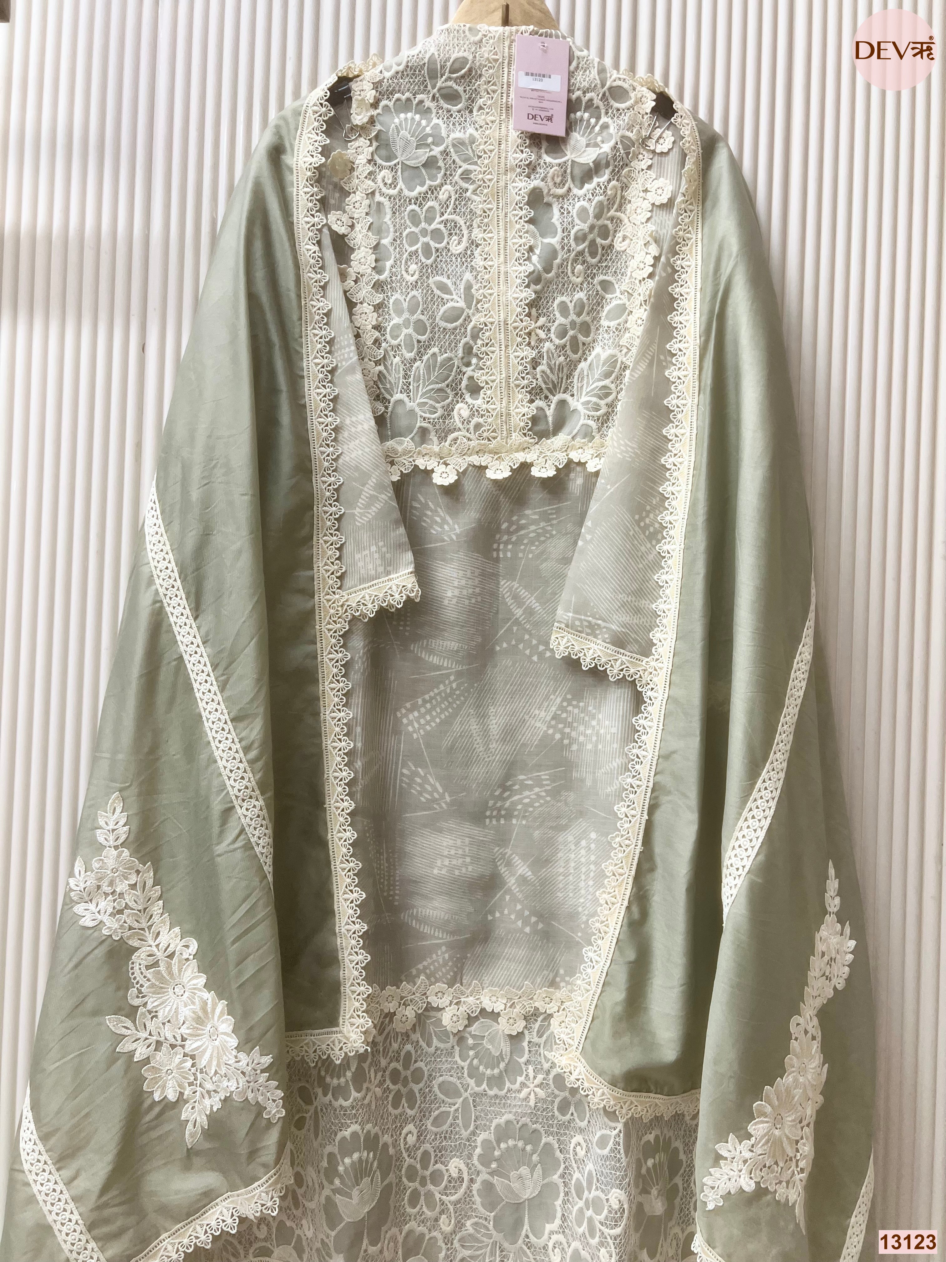 Sage Linen Embroidered Unstitched 3-Piece Suit (Devri – D.No 13123)