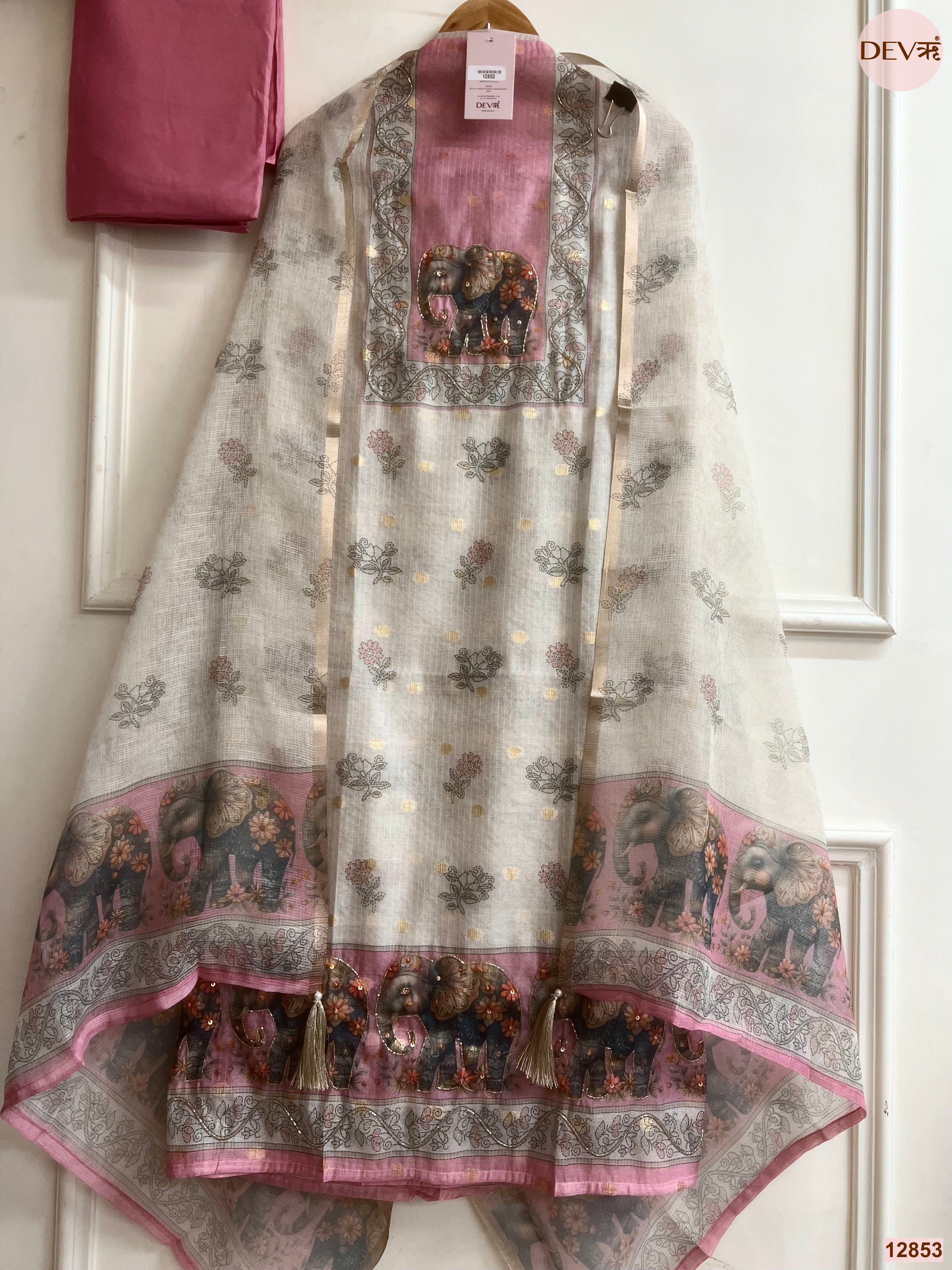 Pink Linen Cotton Printed Unstitched 3-Piece Suit (Devri – D.No 12853)