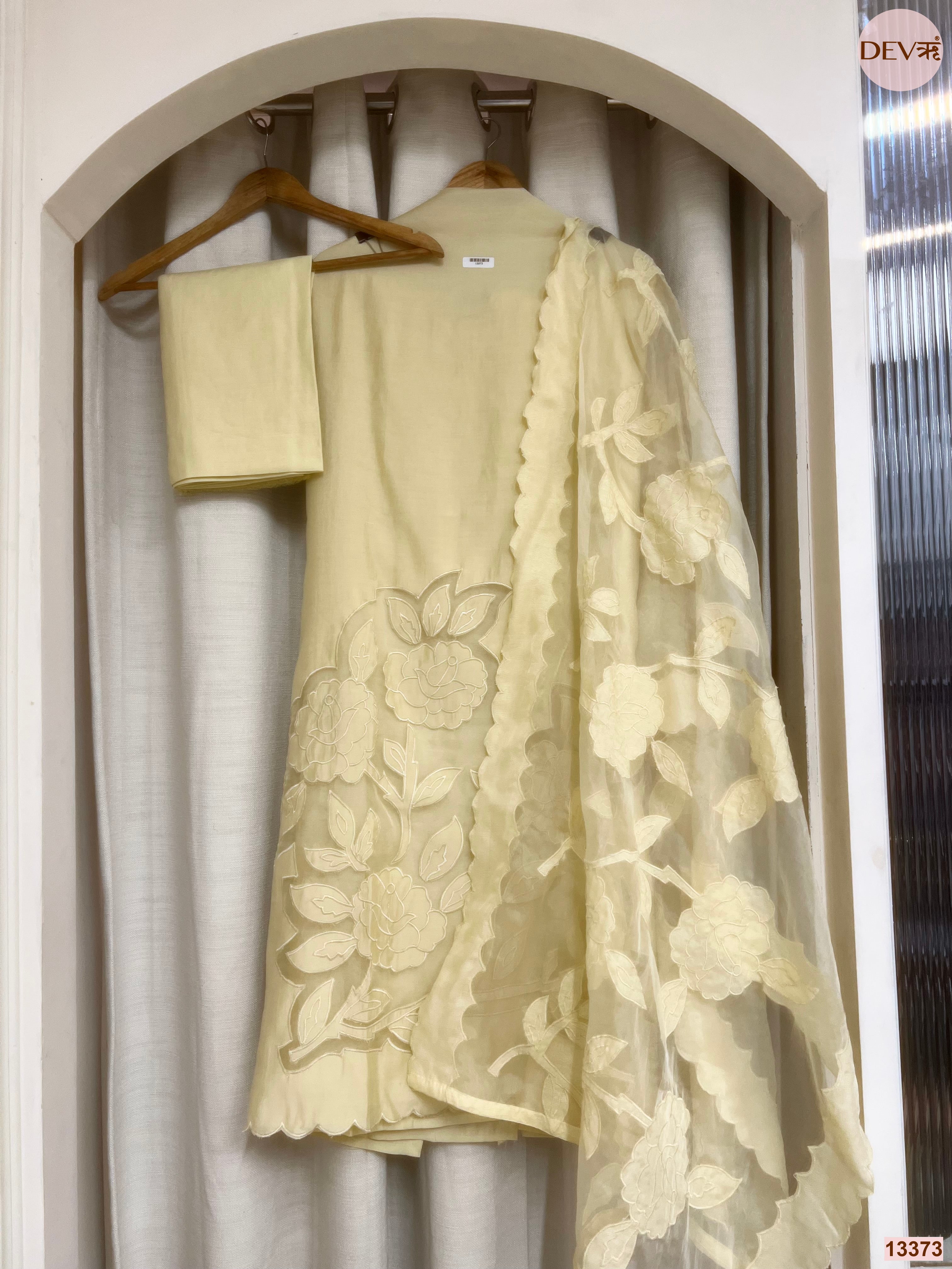Yellow Roman Silk Embroidered Unstitched 3-Piece Suit (Devri – D.No 13373)