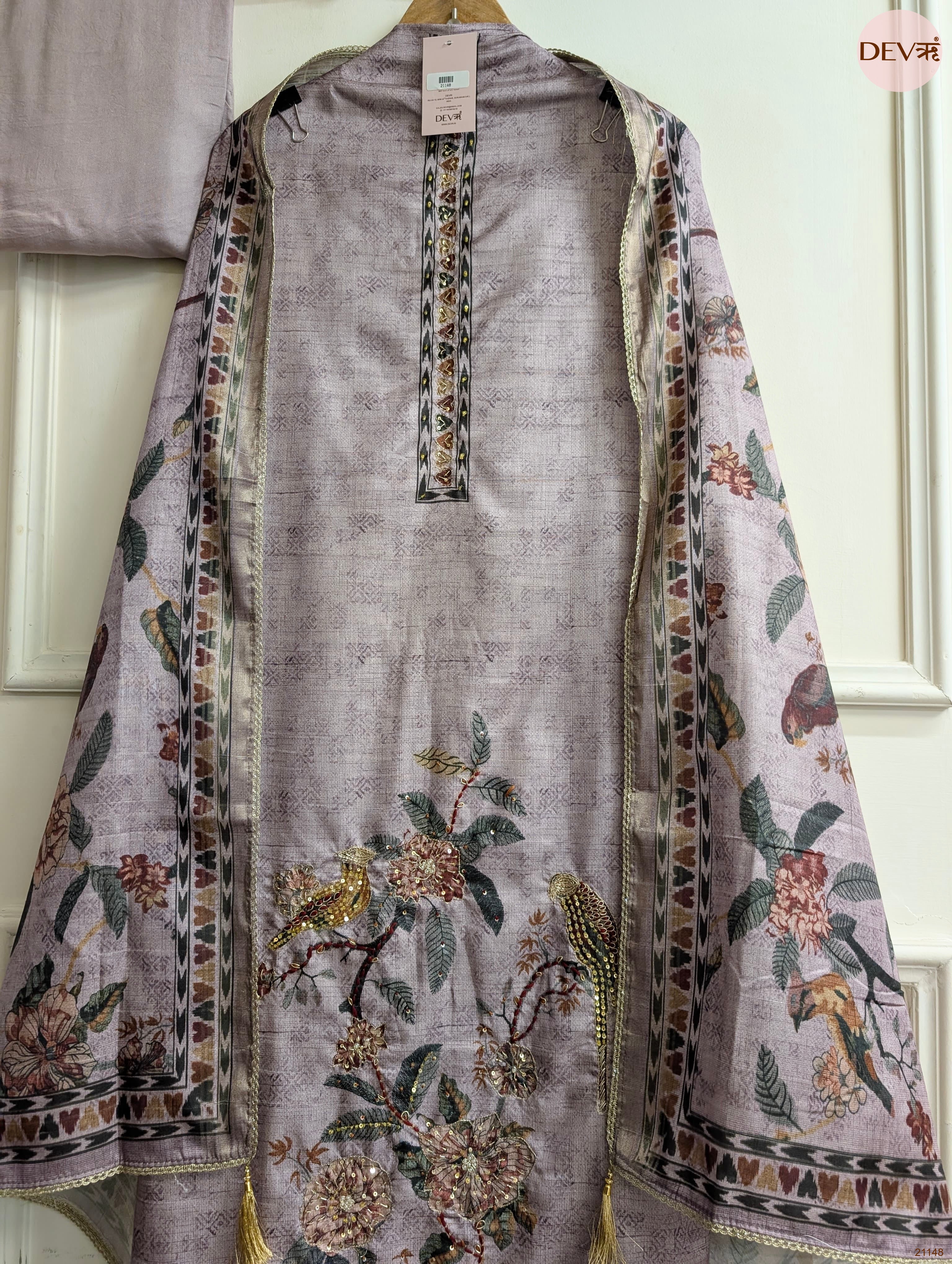 Lavender Mul Chanderi Silk Printed Unstitched 3-Piece Suit (Devri – D.No 21148)