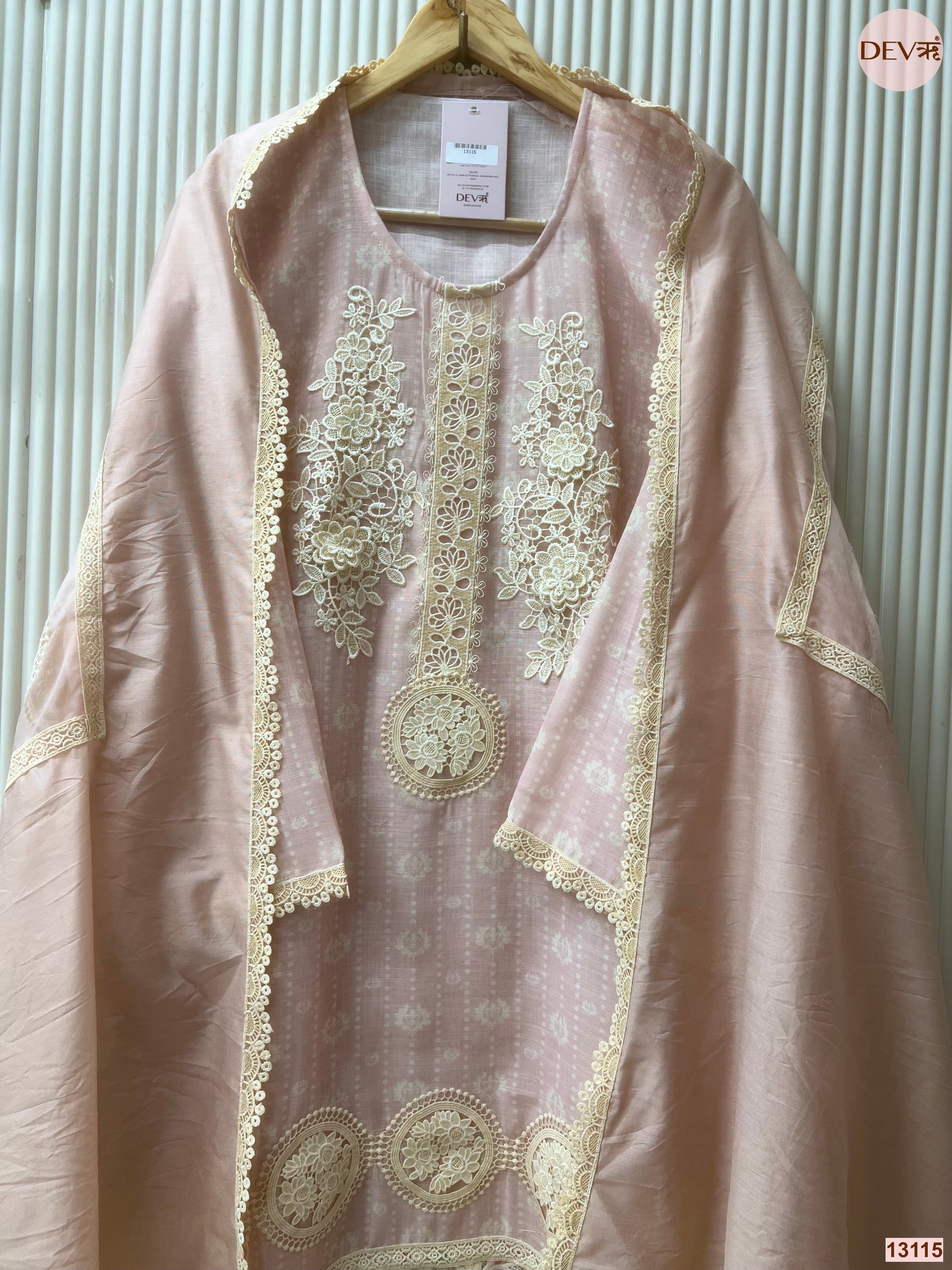 Pink Linen Cotton Embroidered Unstitched 3-Piece Suit (Devri – D.No 13115)