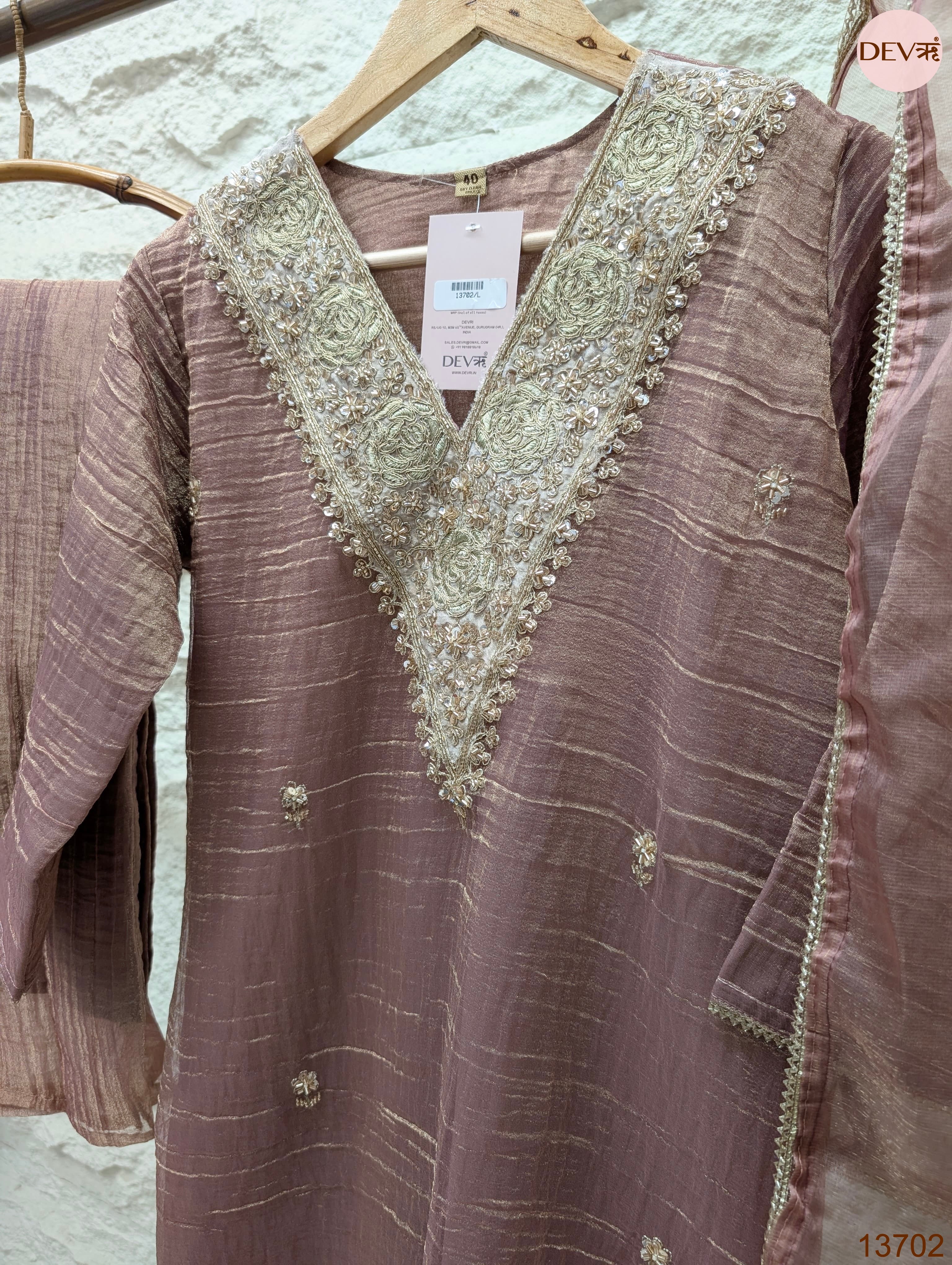 Gulnaar Tissue silk Embroidered Mauve 3-Piece Set (Devri – D.No 13702)