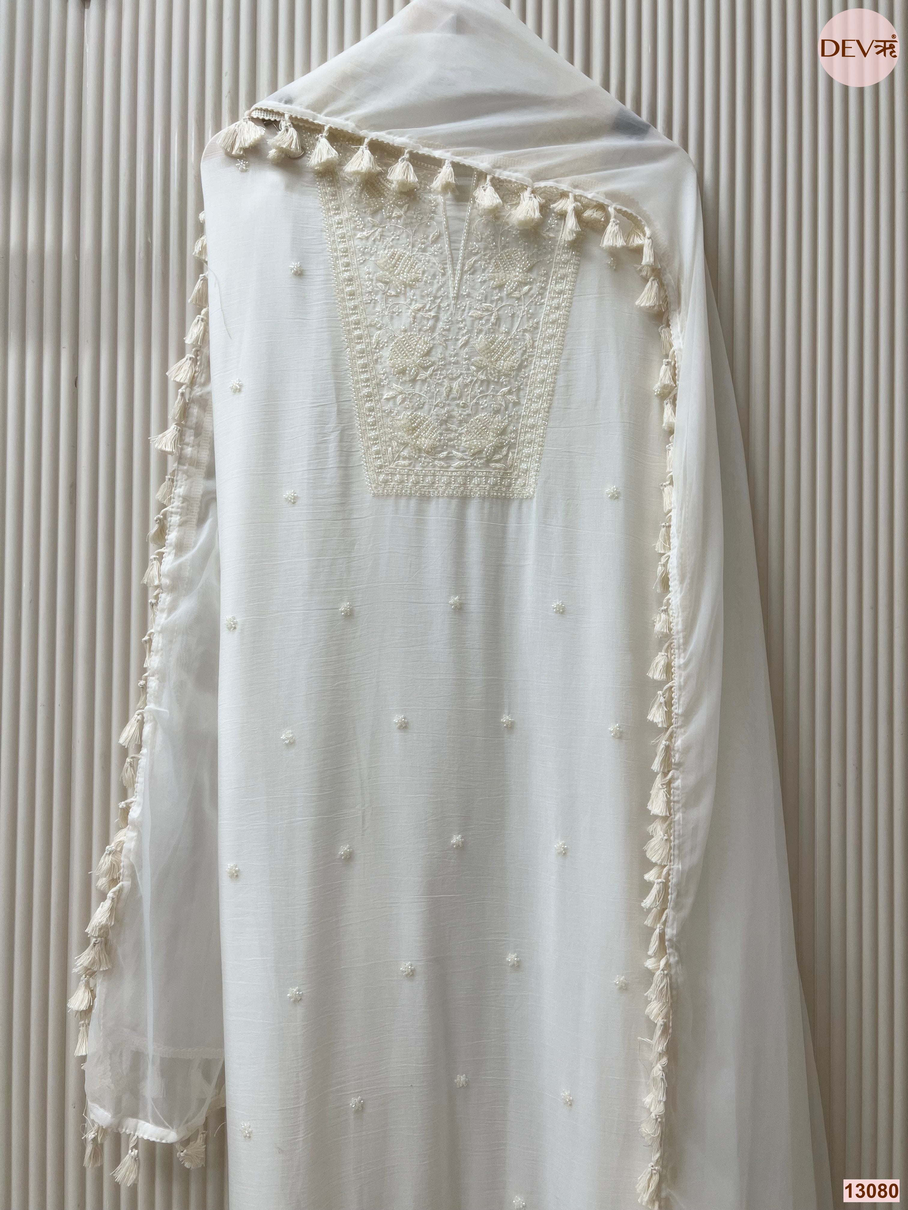 White Mul Cotton Embroidered Unstitched 3-Piece Suit (Devri – D.No 13080)