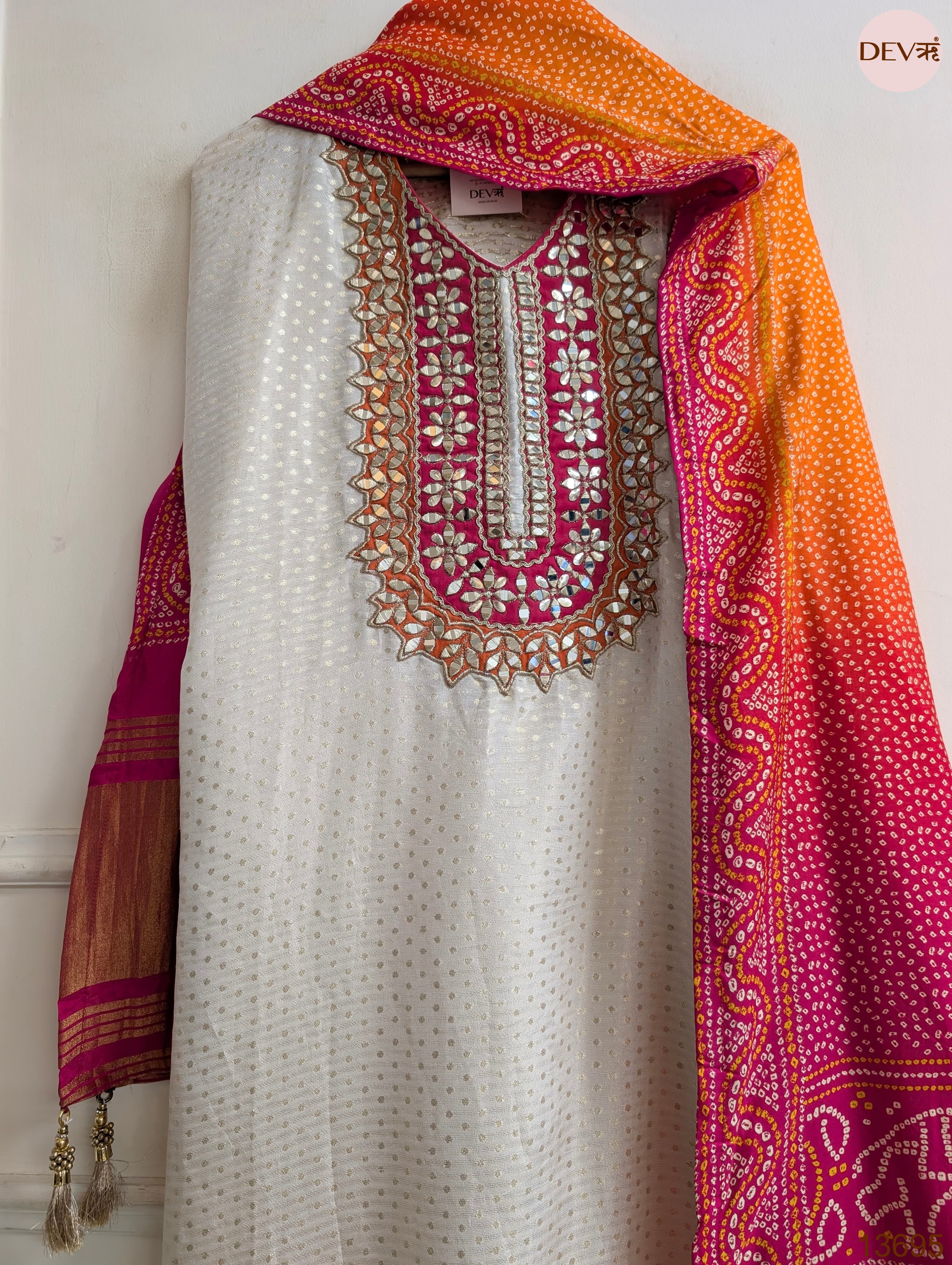 Off White Tissue Silk Embroidered Unstitched 3-Piece Suit (Devri – D.No 13695)
