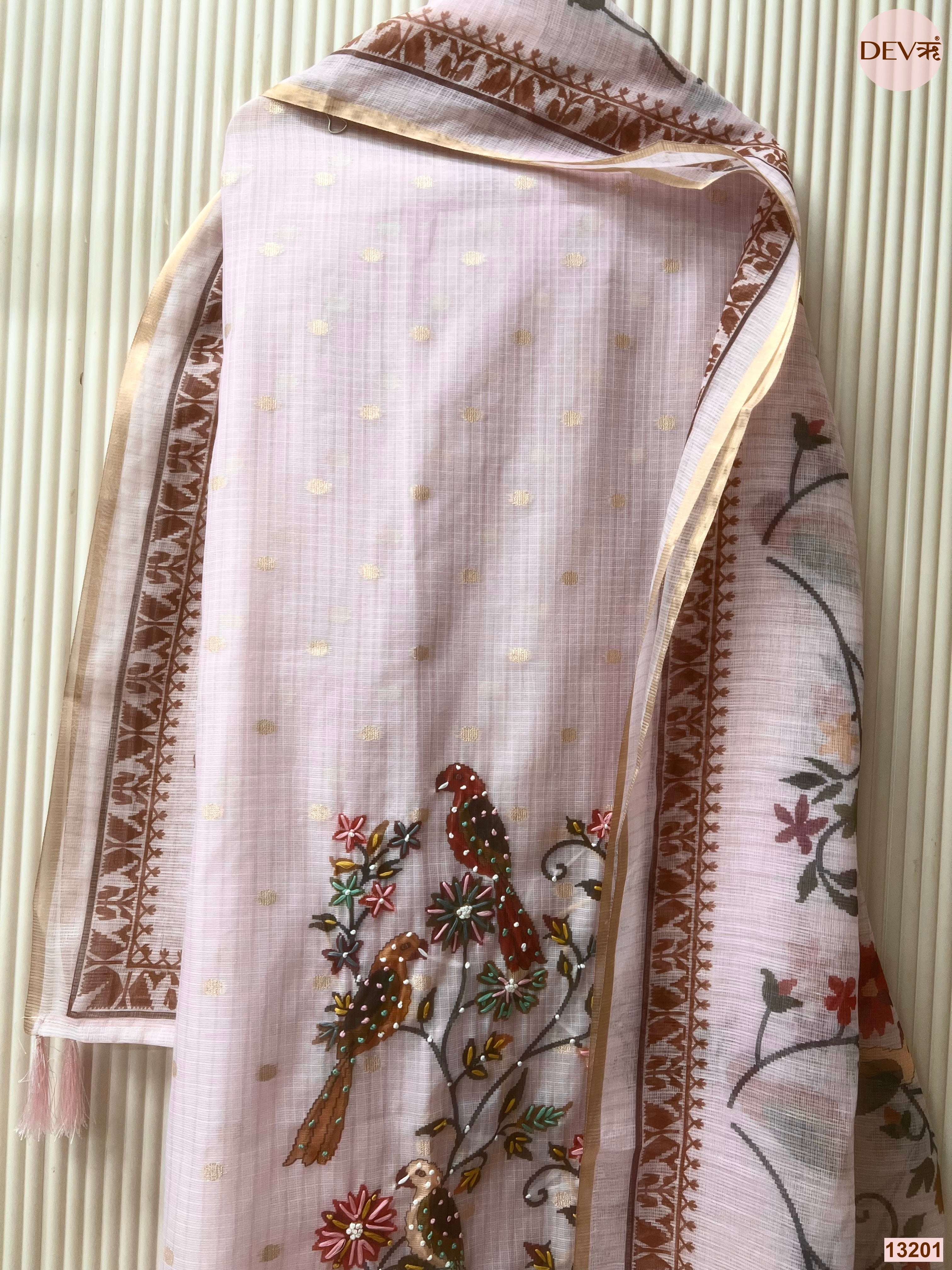 Lavender Kota Embroidered Unstitched 3-Piece Suit (Devri – D.No 13201)