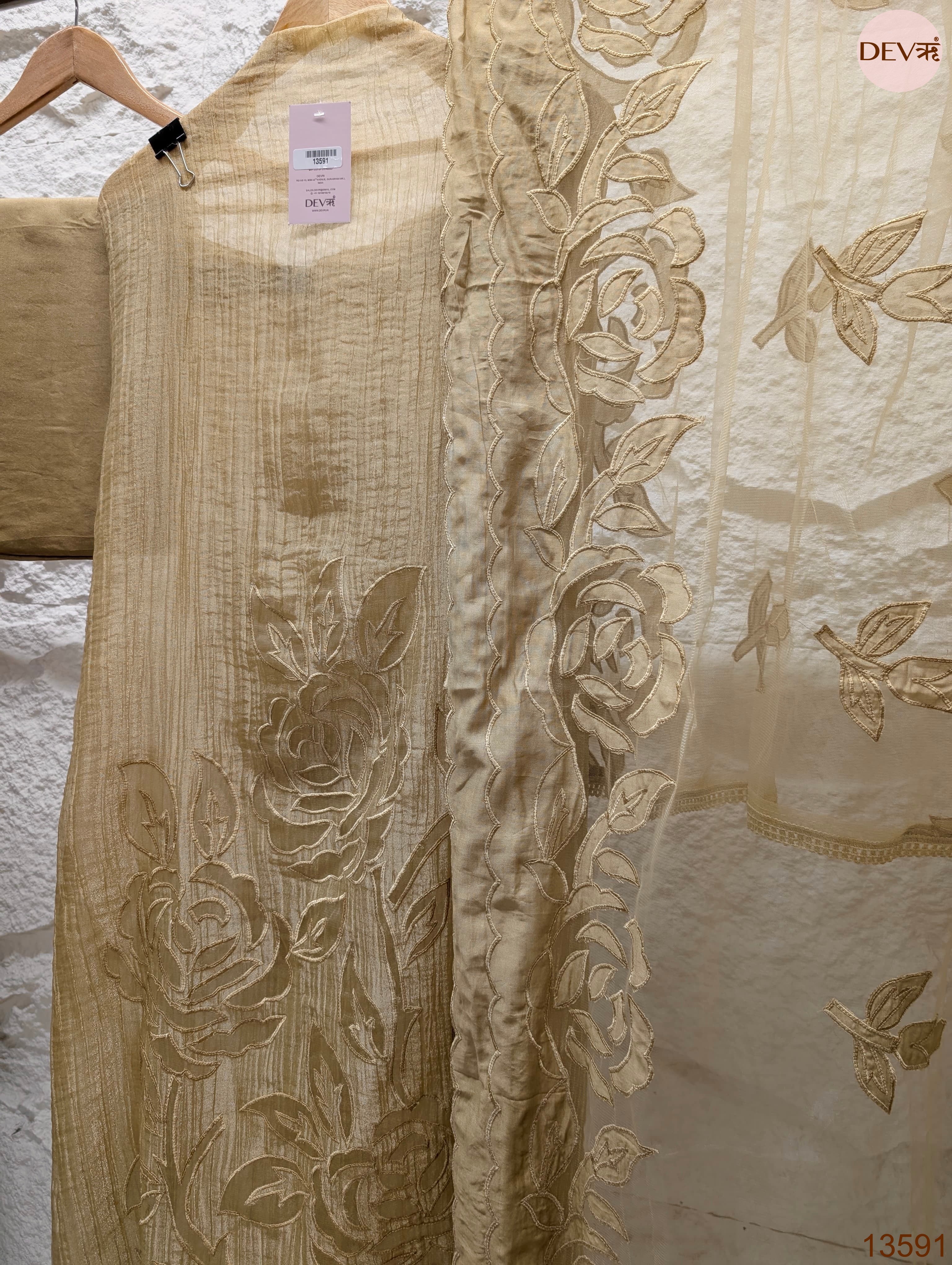 Beige Tissue Crush Silk Embroidered Unstitched 3-Piece Suit (Devri – D.No 13591)