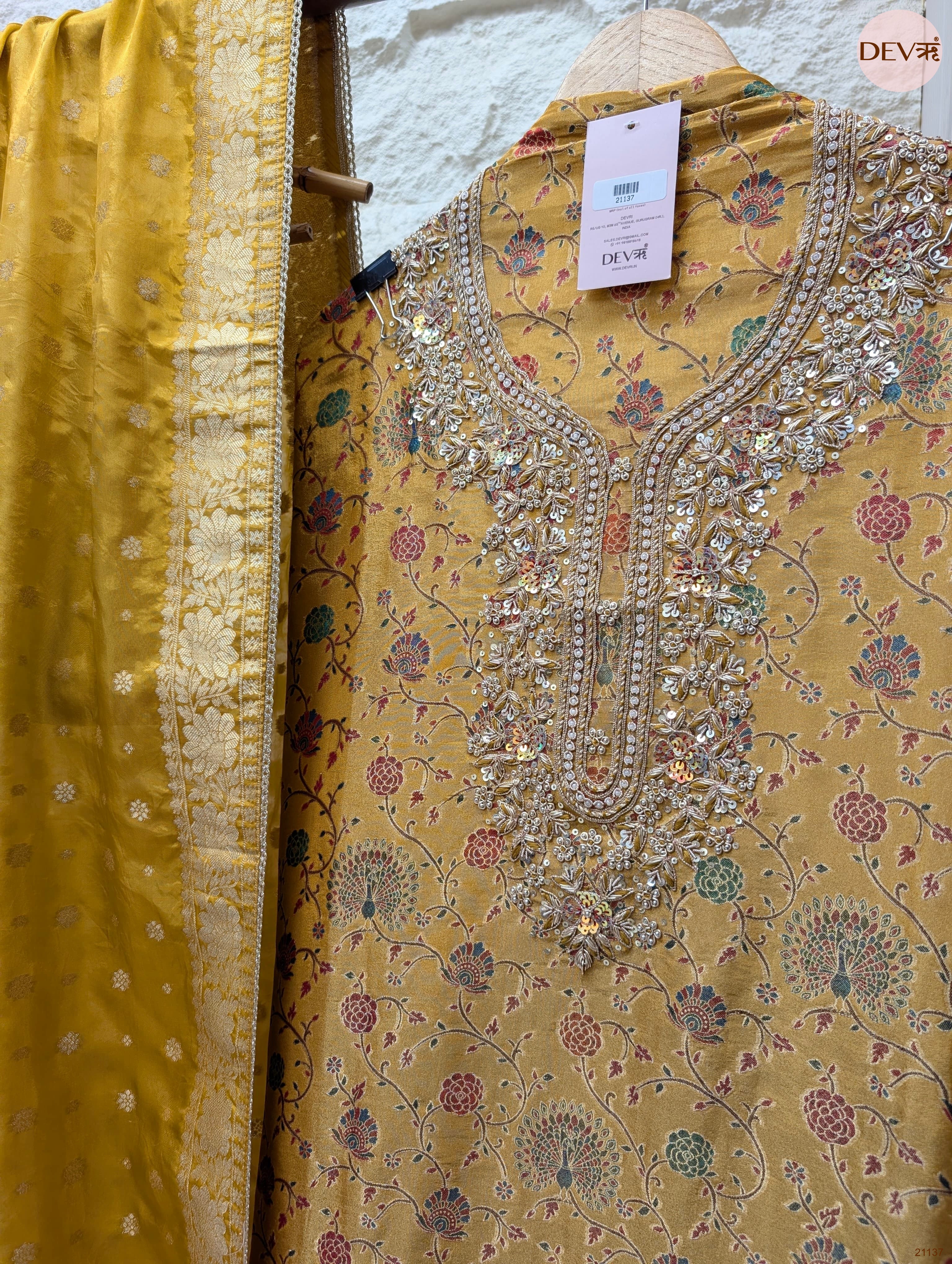 Mustard Pure Banarasi Woven Silk Printed Unstitched 3-Piece Suit (Devri – D.No 21137)