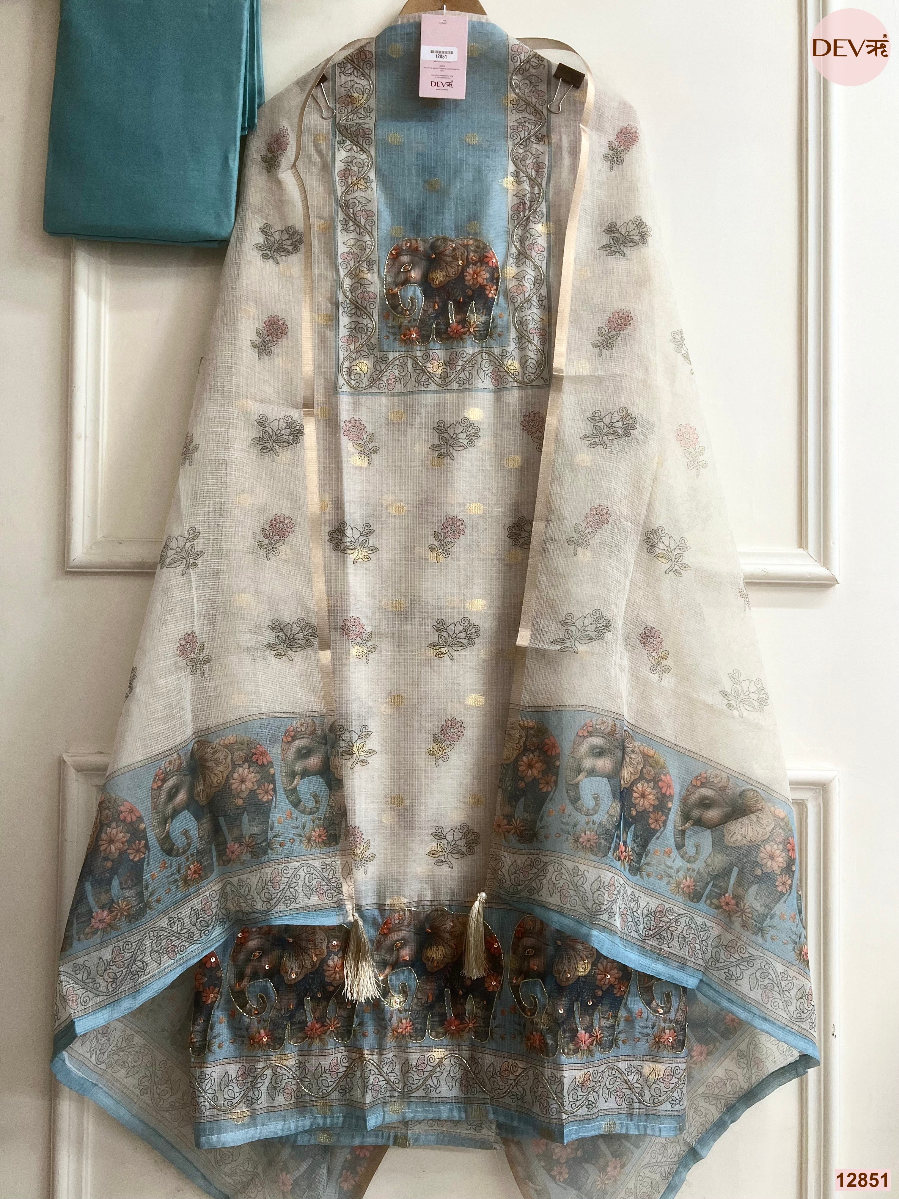 Blue Linen Cotton Printed Unstitched 3-Piece Suit (Devri – D.No 12851)