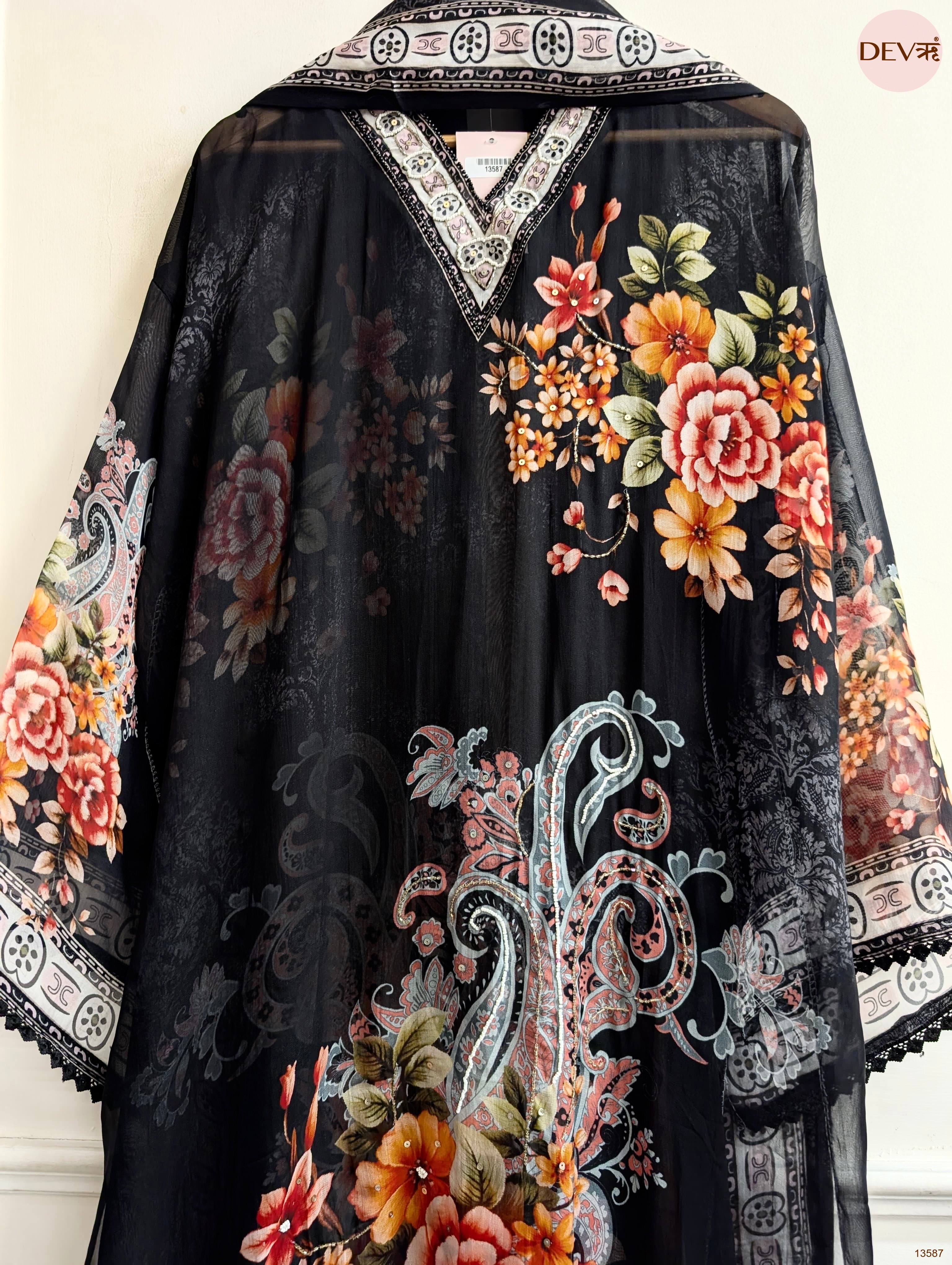 Black Organza Printed Unstitched 3-Piece Suit (Devri – D.No 13587)