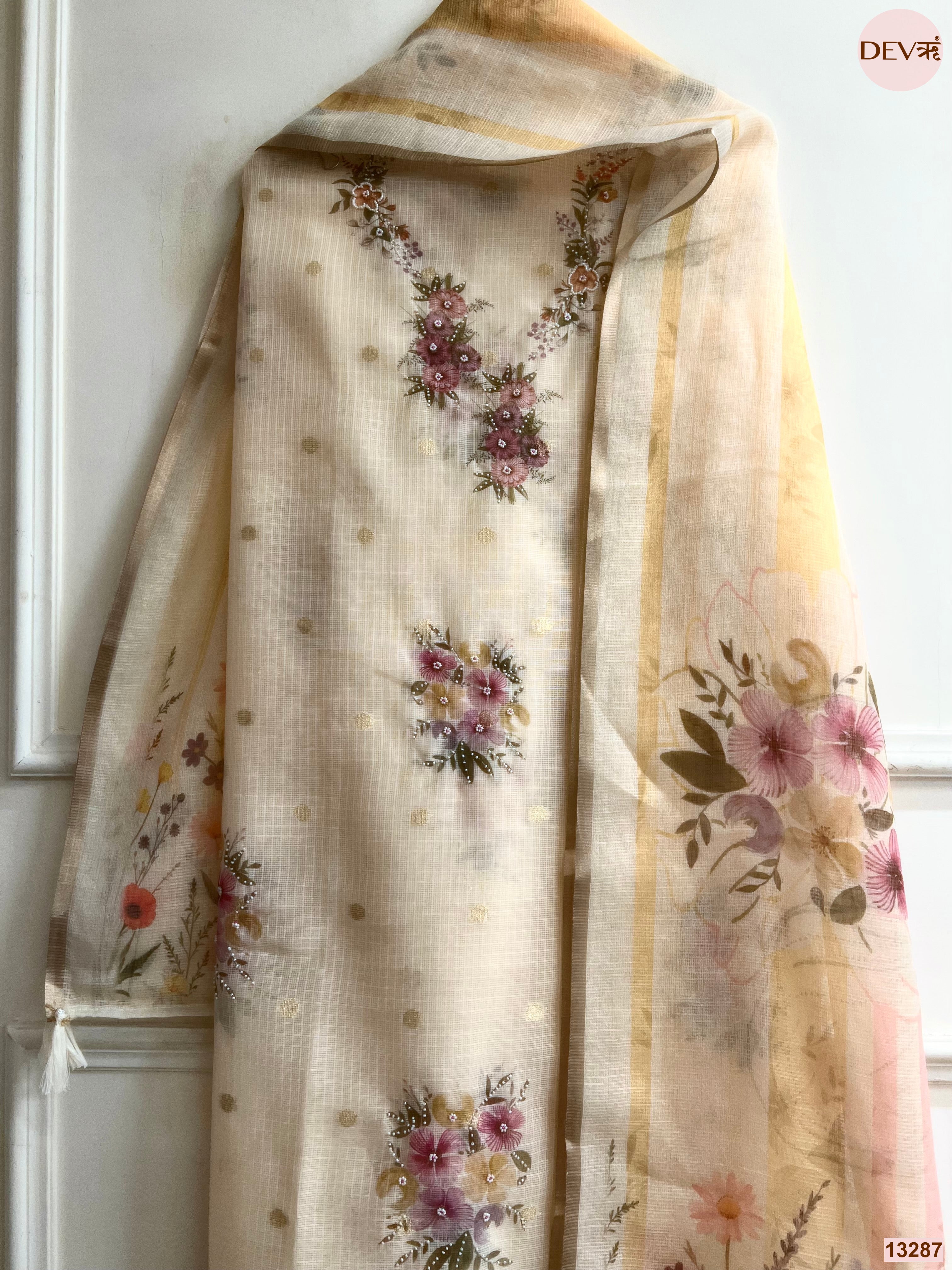 Cream Kota Cotton Printed Unstitched 3-Piece Suit (Devri – D.No 13287)