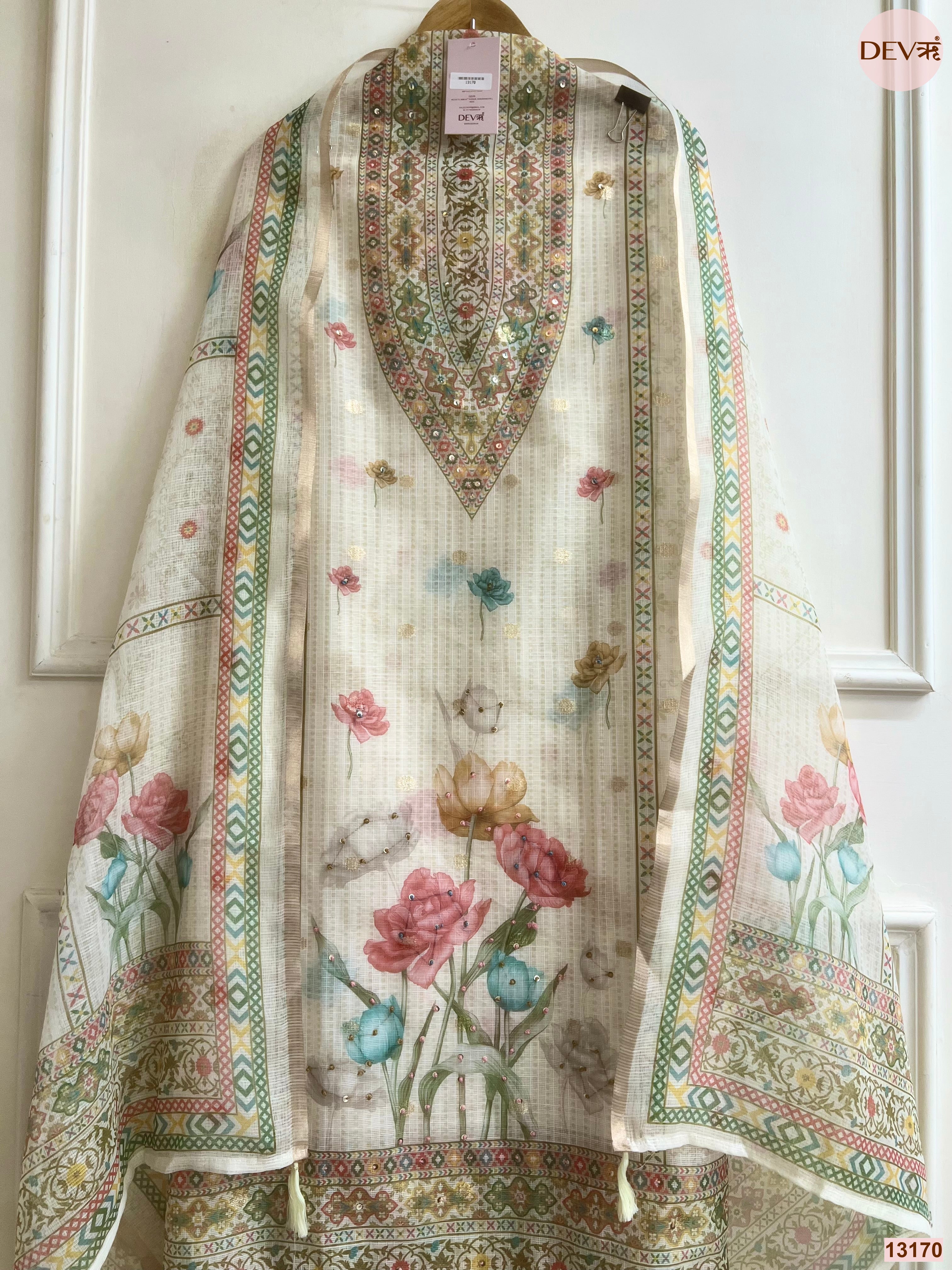 Cream Kota Printed Unstitched 3-Piece Suit (Devri – D.No 13170)