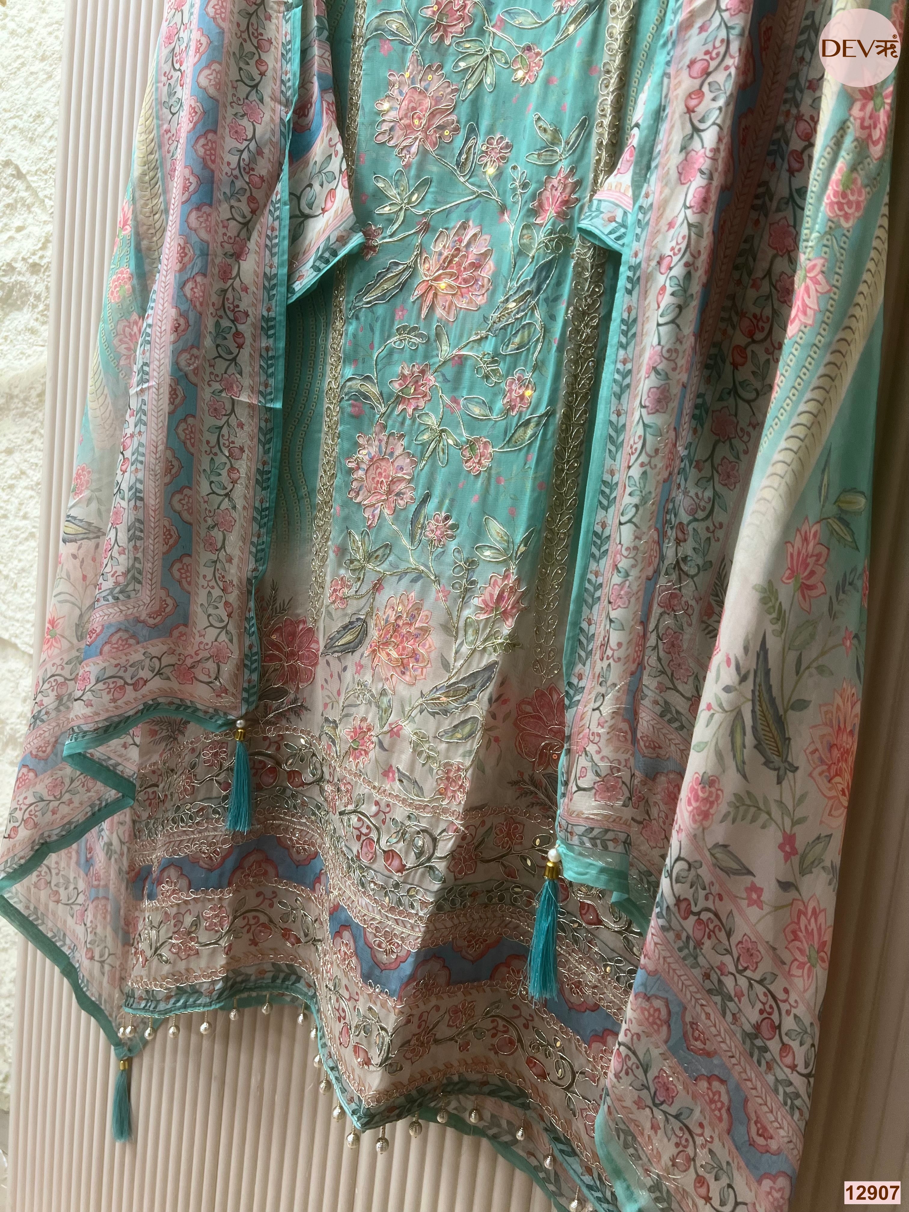 Aqua Organza Embroidered Unstitched 3-Piece Suit (Devri – D.No 12907)