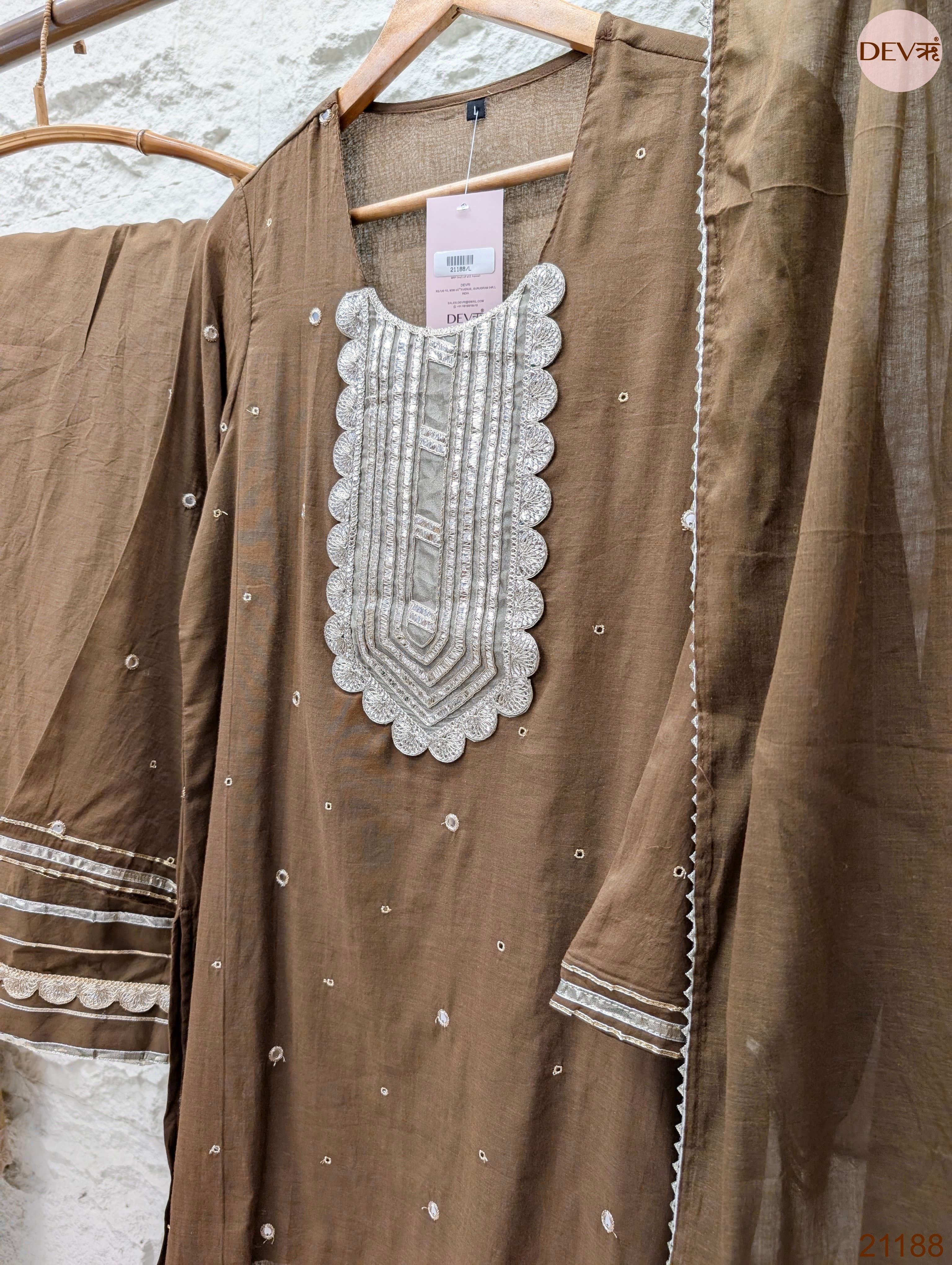 Zarmina Pure mul cotton Embroidered Brown 3-Piece Set (Devri – D.No 21188)