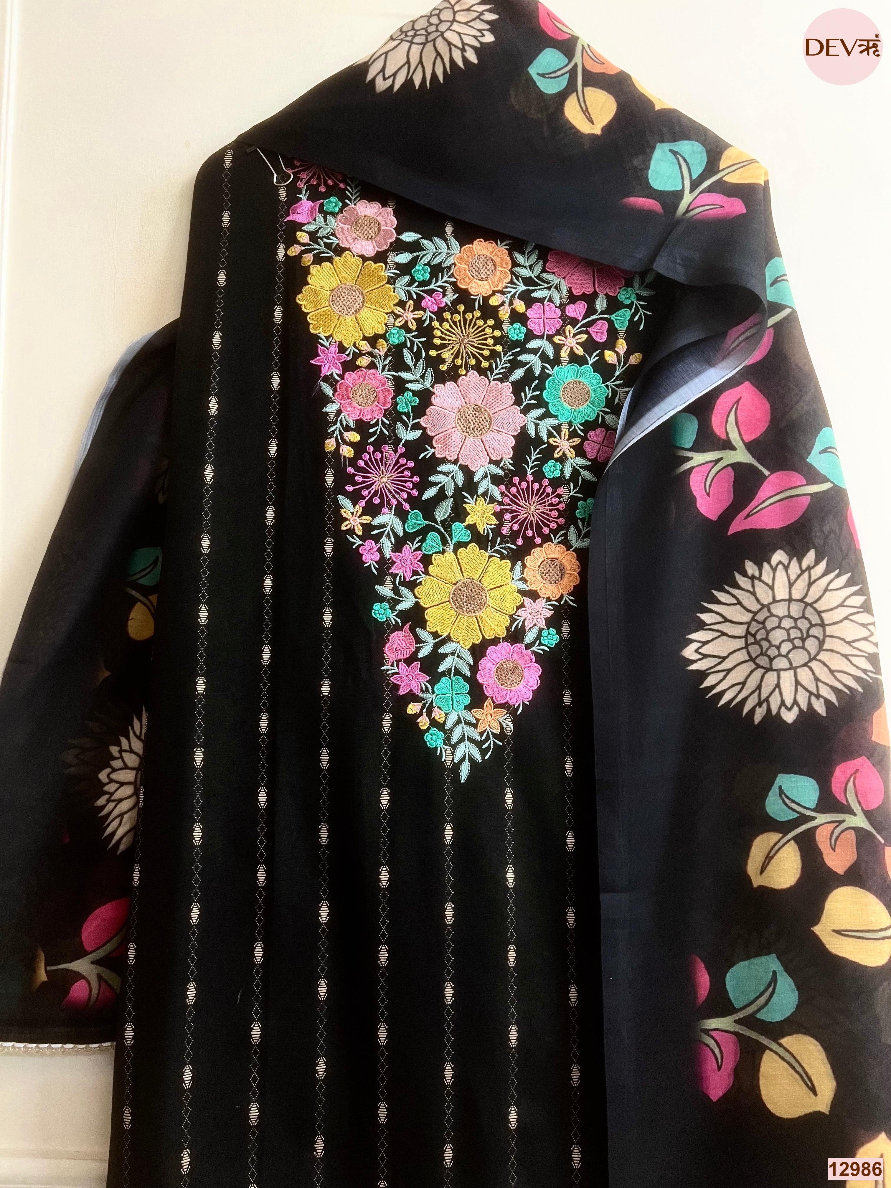 Black Cotton Handloom Printed Unstitched 3-Piece Suit (Devri – D.No 12986)