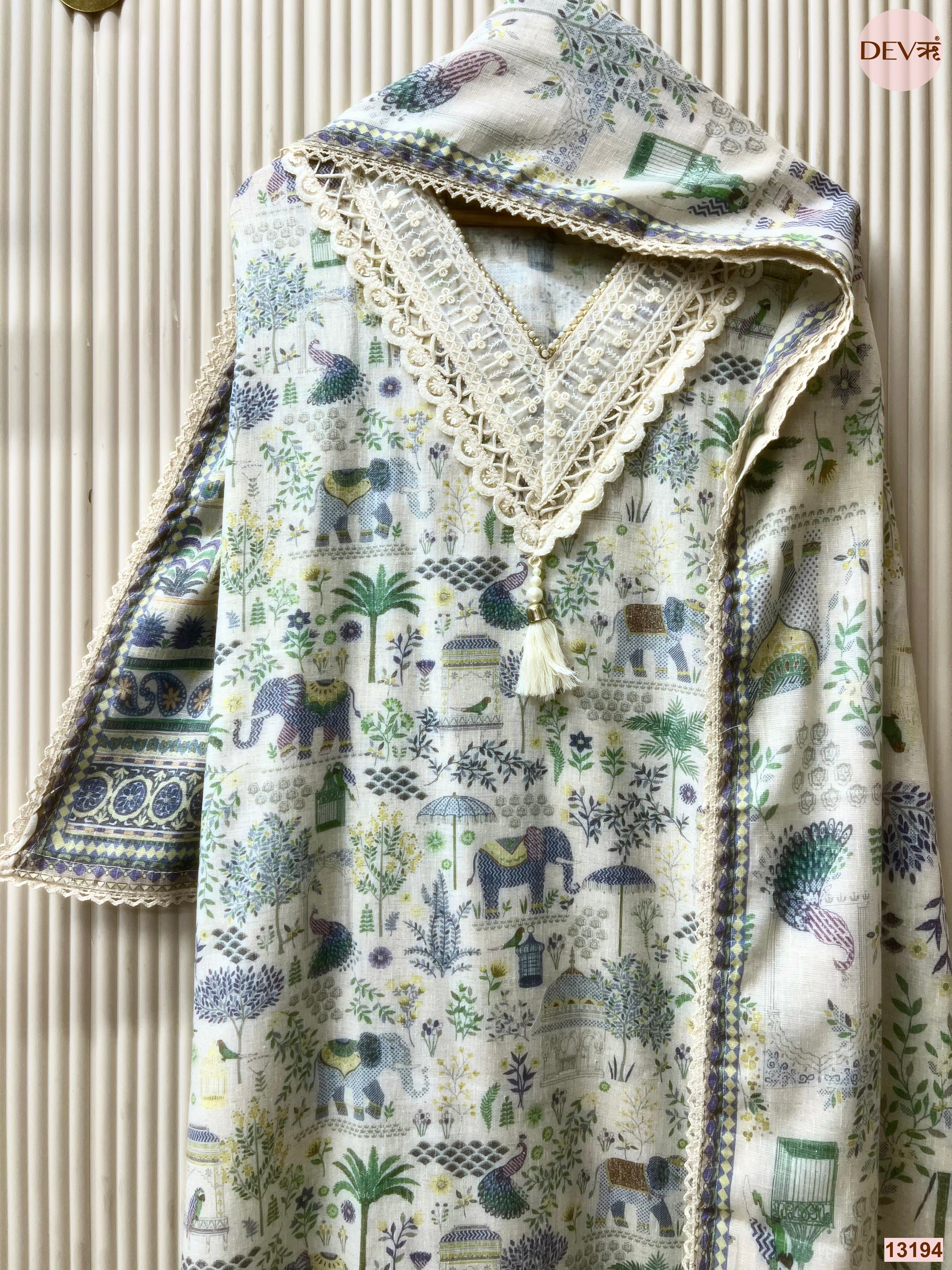 White Cotton Printed Unstitched 3-Piece Suit (Devri – D.No 13194)