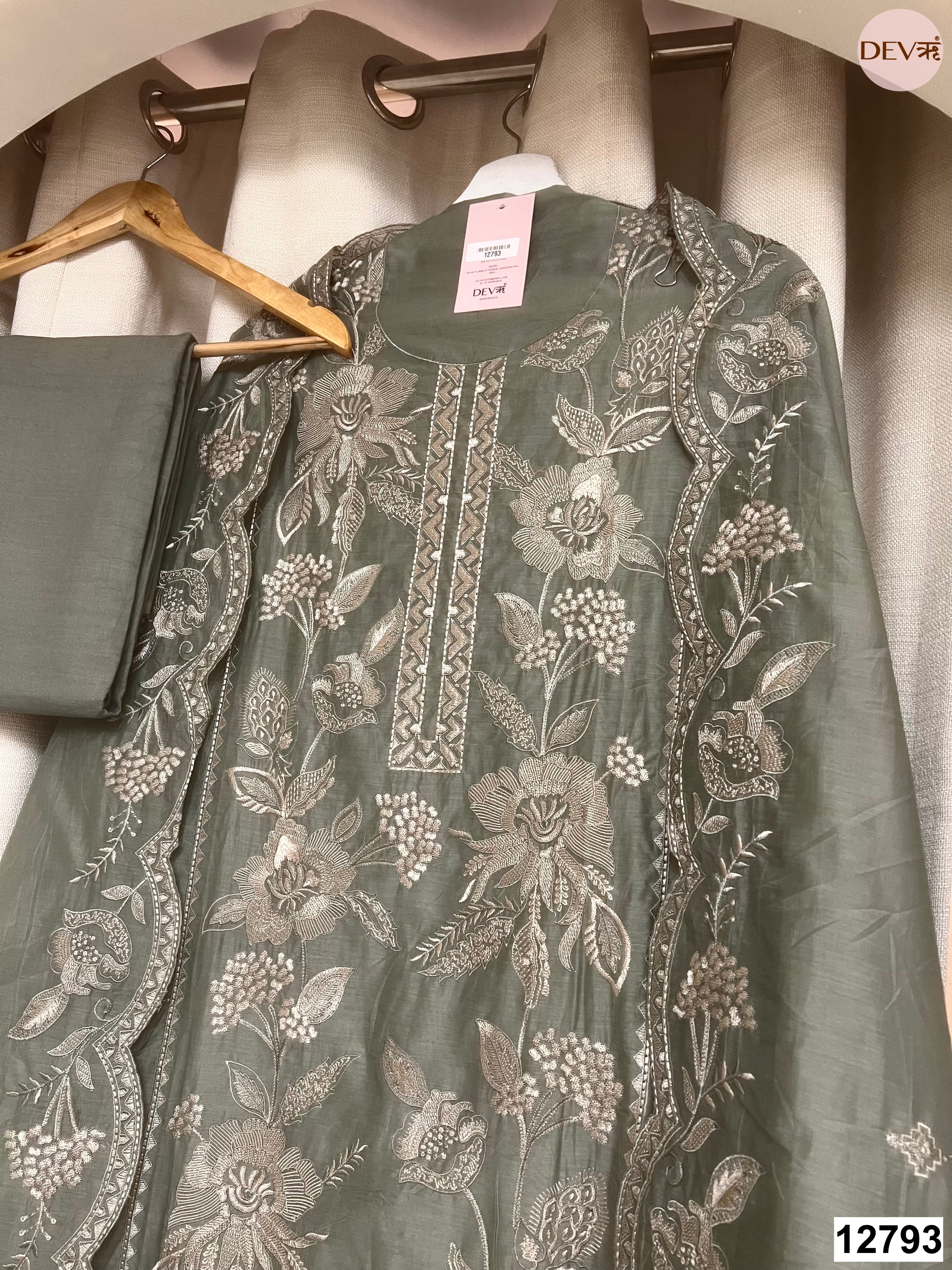 Olive Mul Chanderi Embroidered Unstitched 3-Piece Suit (Devri – D.No 12793)
