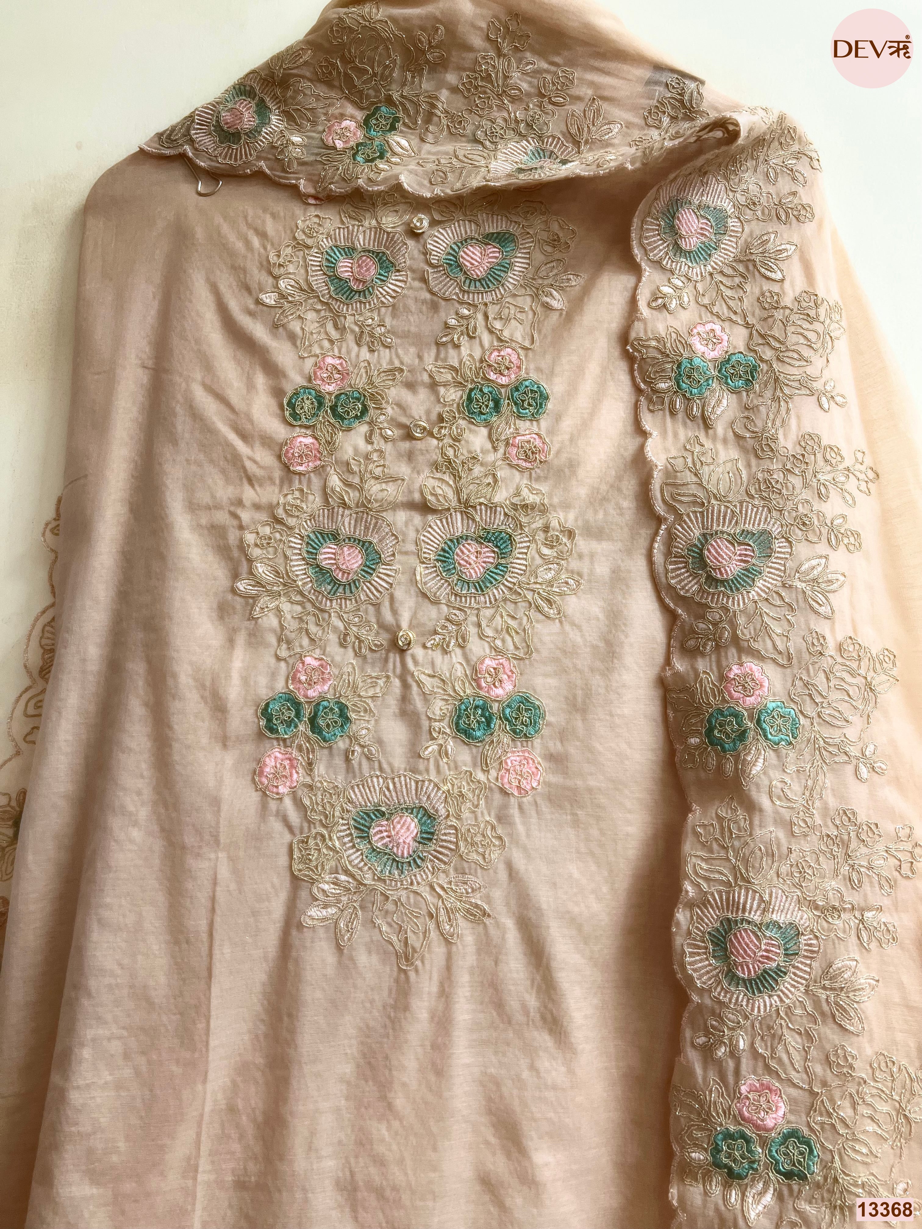 Beige Mul Chanderi Embroidered Unstitched 3-Piece Suit (Devri – D.No 13368)