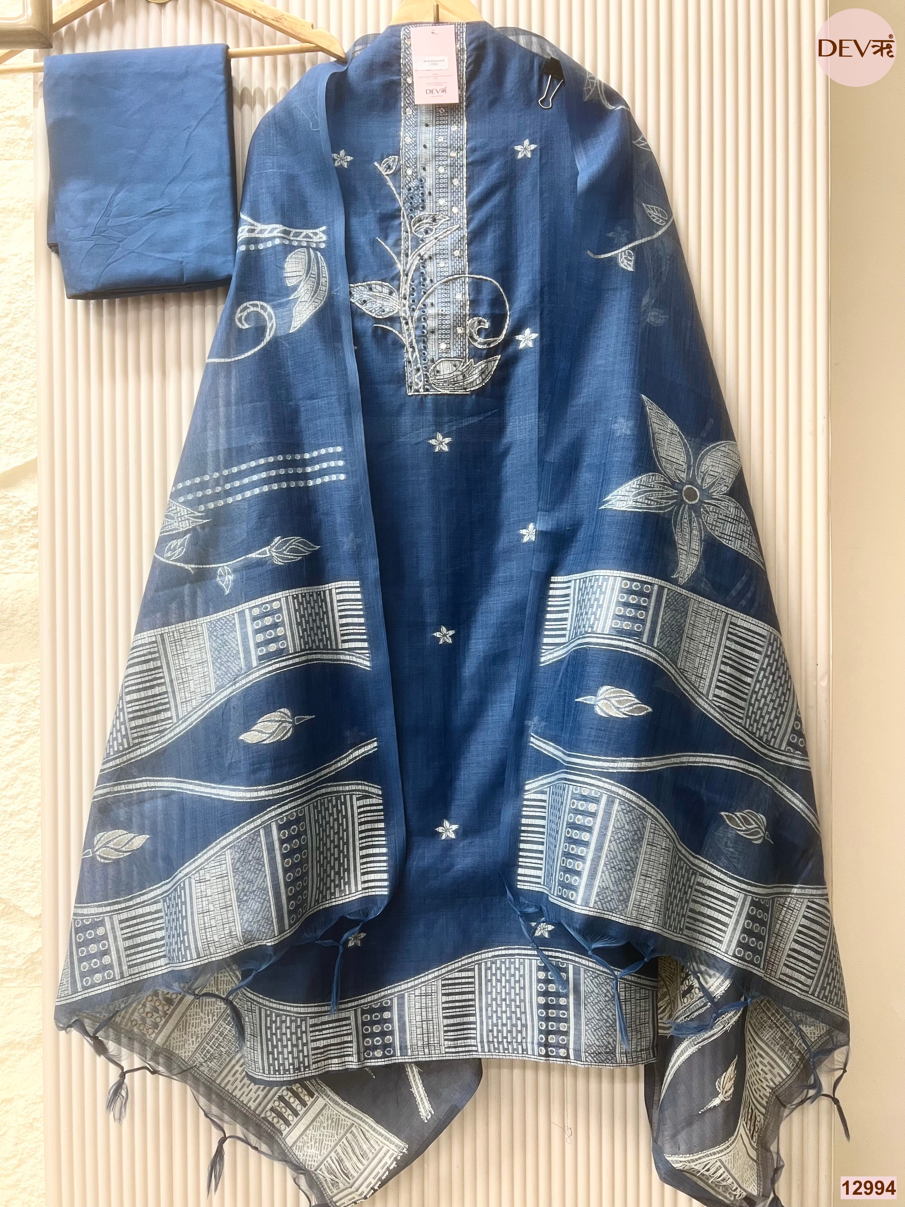 Blue Linen Cotton Printed Unstitched 3-Piece Suit (Devri – D.No 12994)