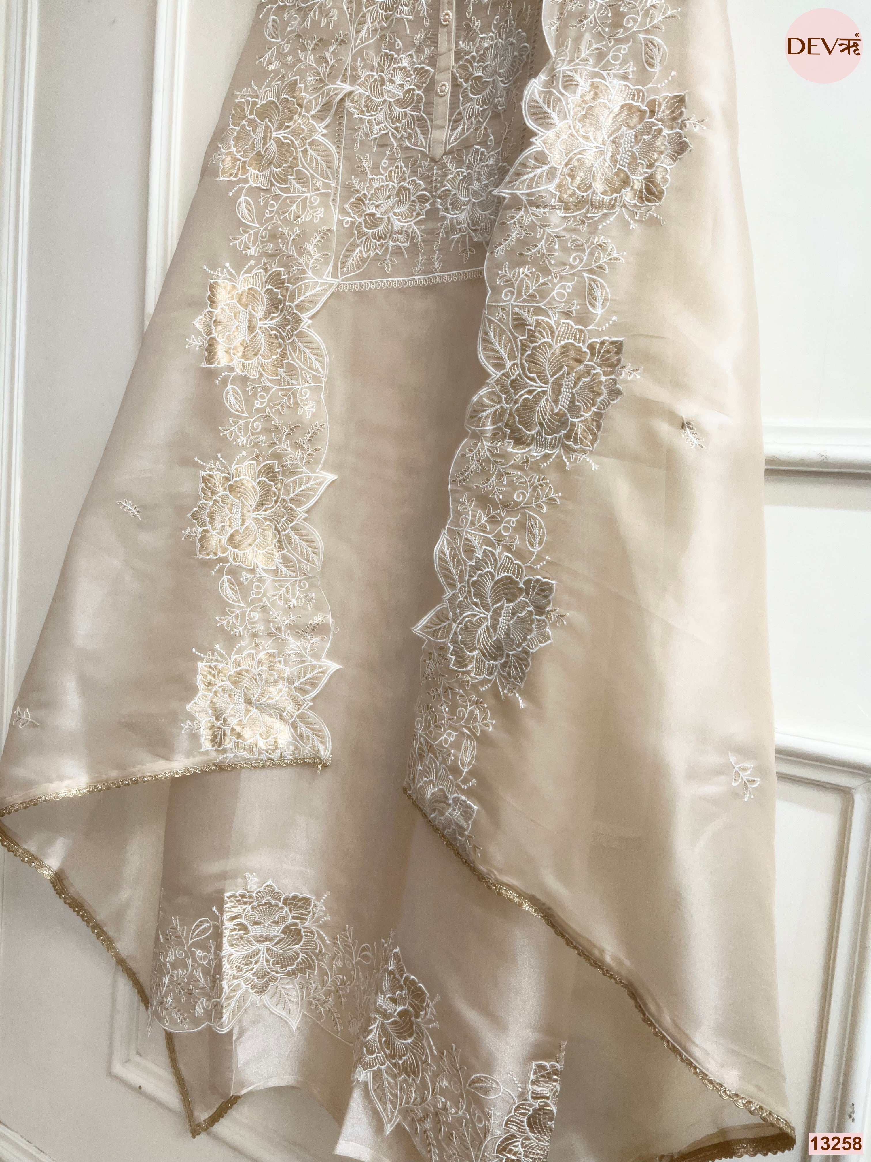 Beige Tissue Shimmer Silk Embroidered Unstitched 3-Piece Suit (Devri – D.No 13258)