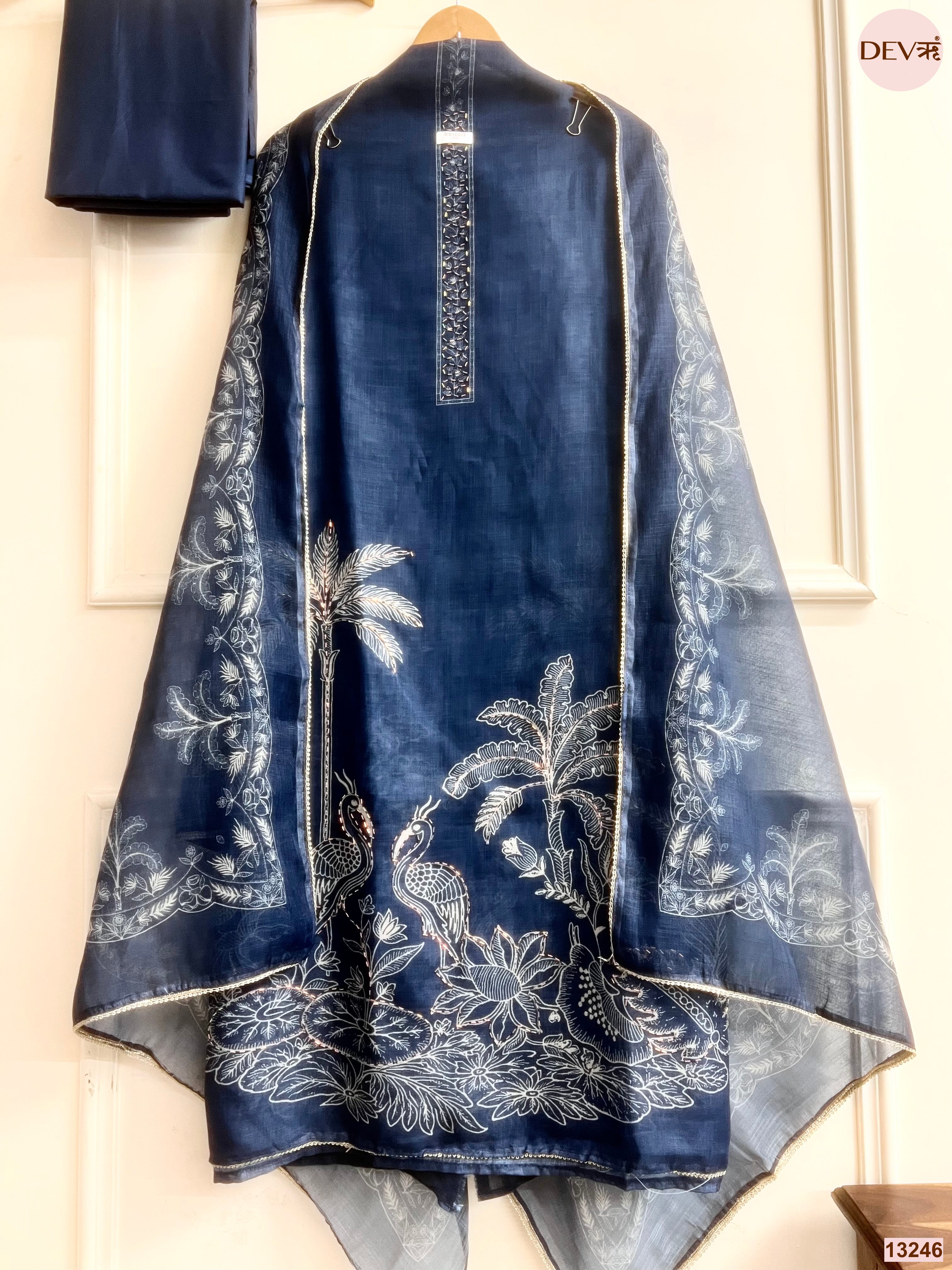 Navy Linen Cotton Printed Unstitched 3-Piece Suit (Devri – D.No 13246)