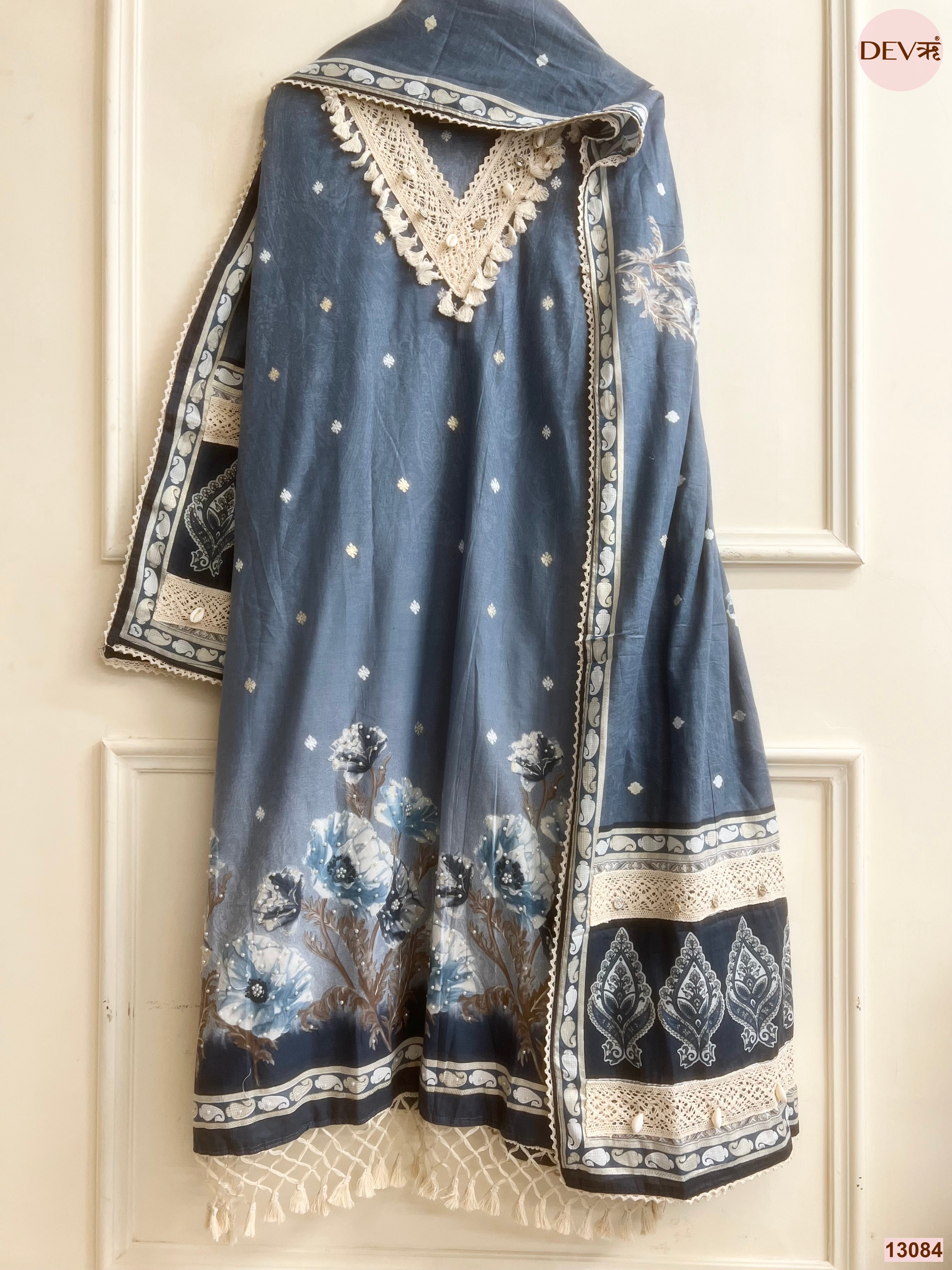 Blue Cotton Printed Unstitched 3-Piece Suit (Devri – D.No 13084)