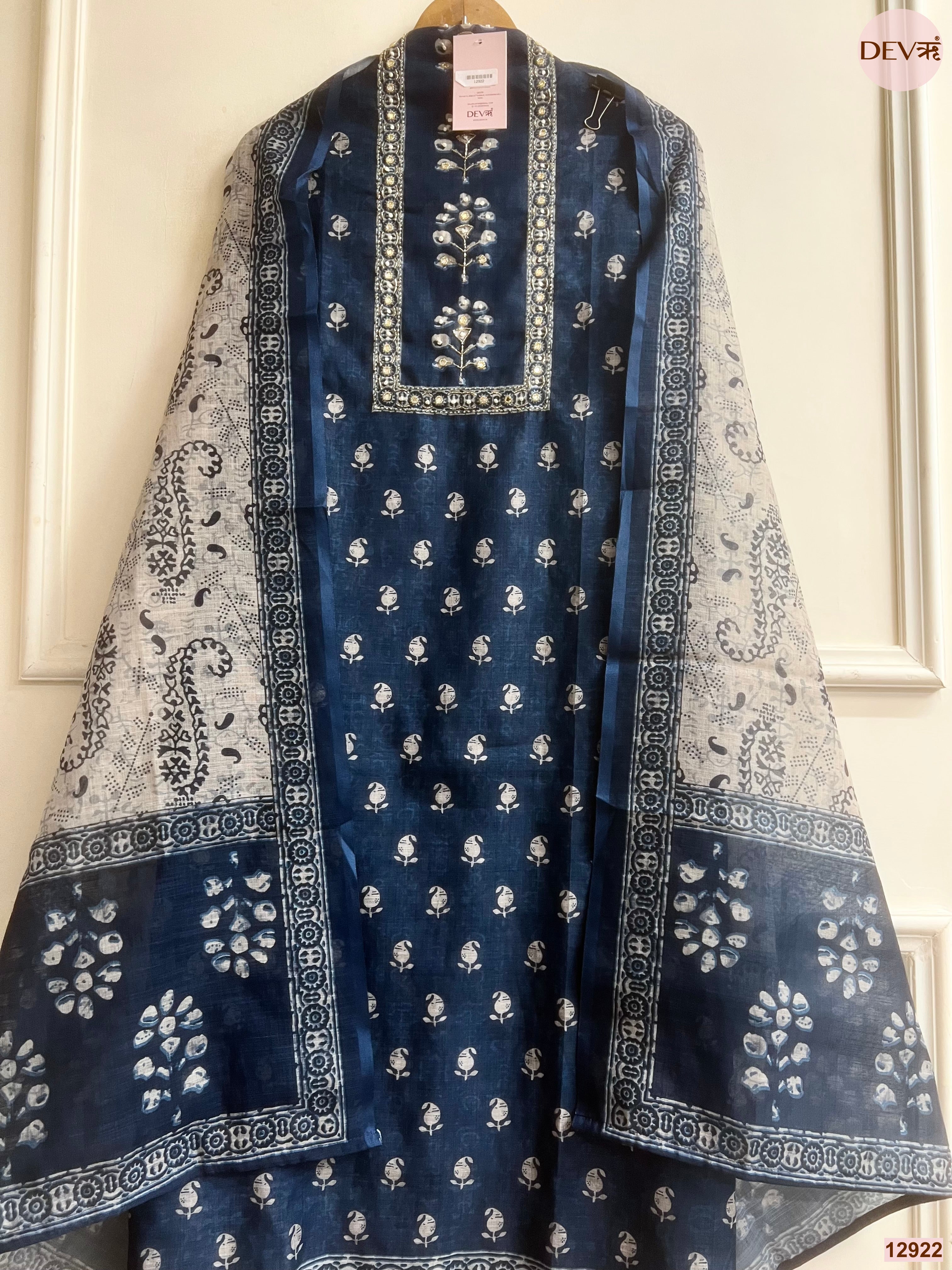 Navy Linen Cotton Printed Unstitched 3-Piece Suit (Devri – D.No 12922)
