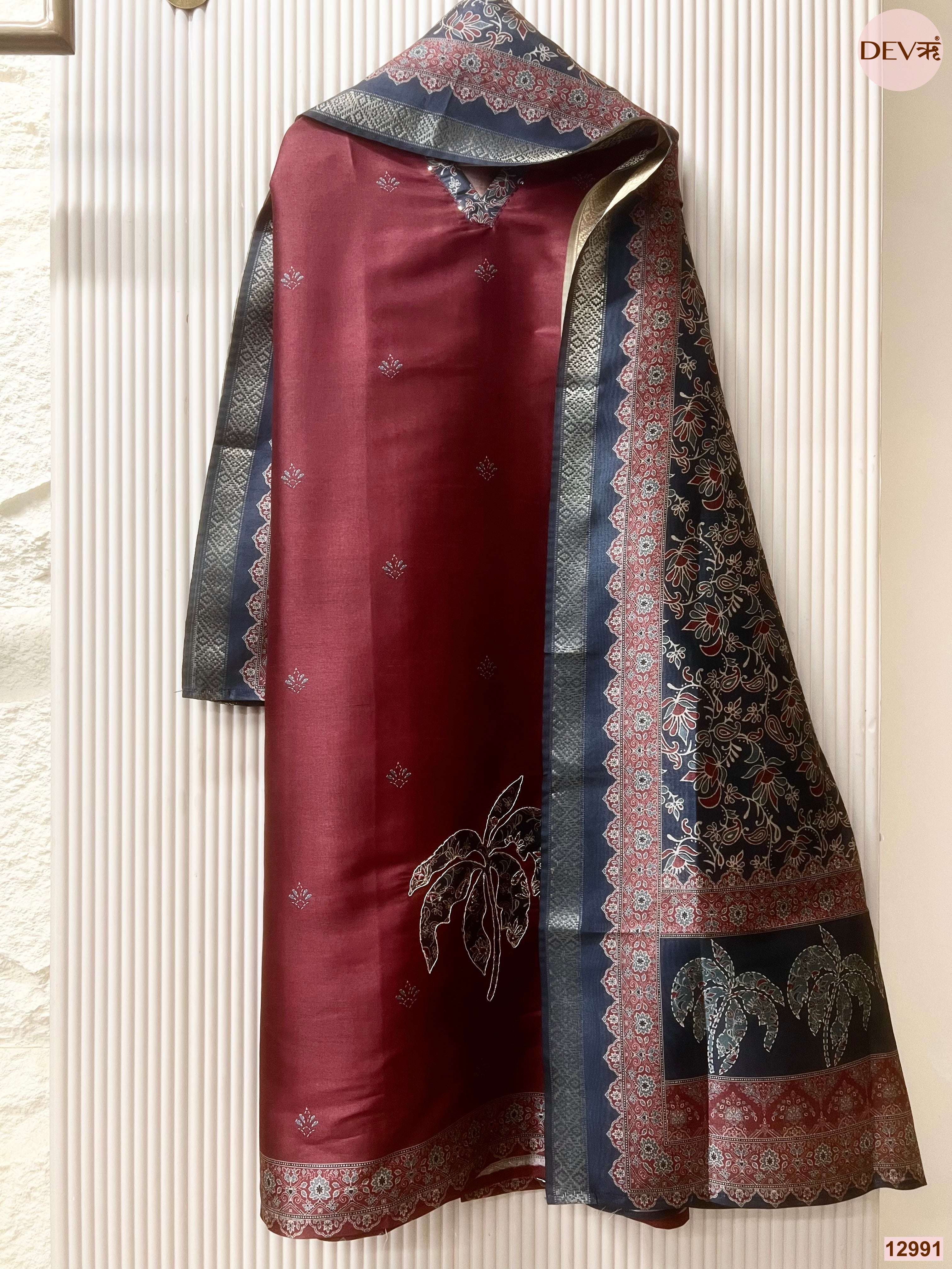 Maroon Raw Silk Printed Unstitched 3-Piece Suit (Devri – D.No 12991)