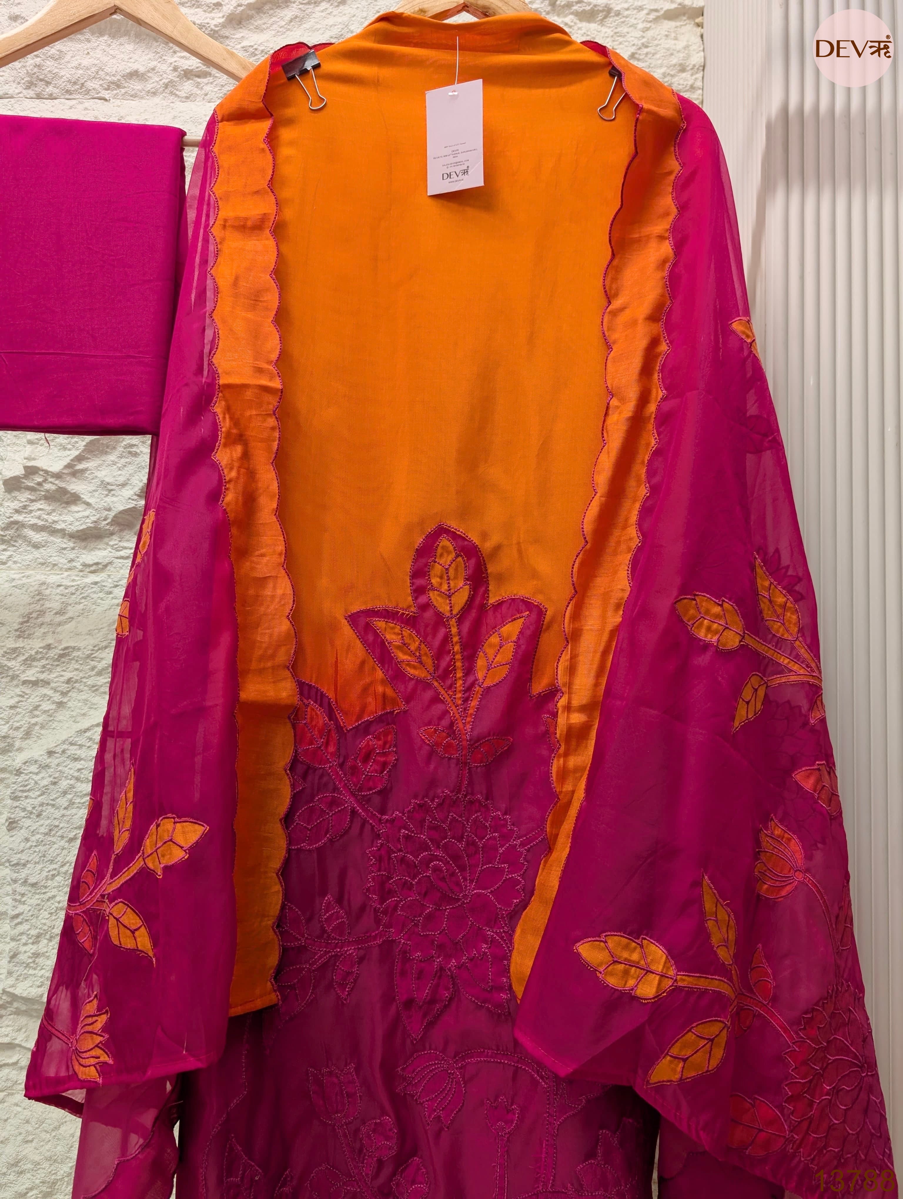Orange Muslin Embroidered Unstitched 3-Piece Suit (Devri – D.No 13788)
