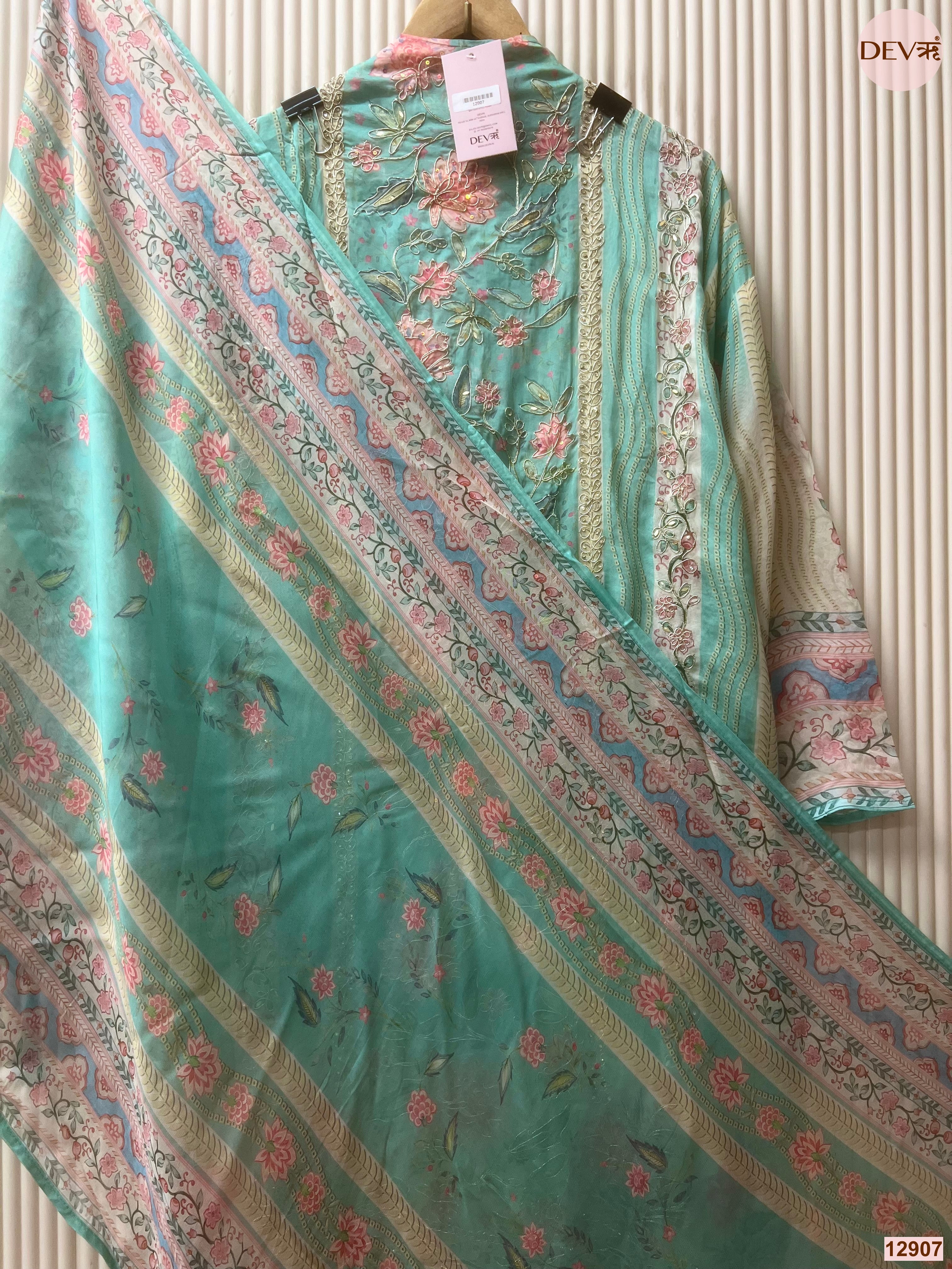 Aqua Organza Embroidered Unstitched 3-Piece Suit (Devri – D.No 12907)