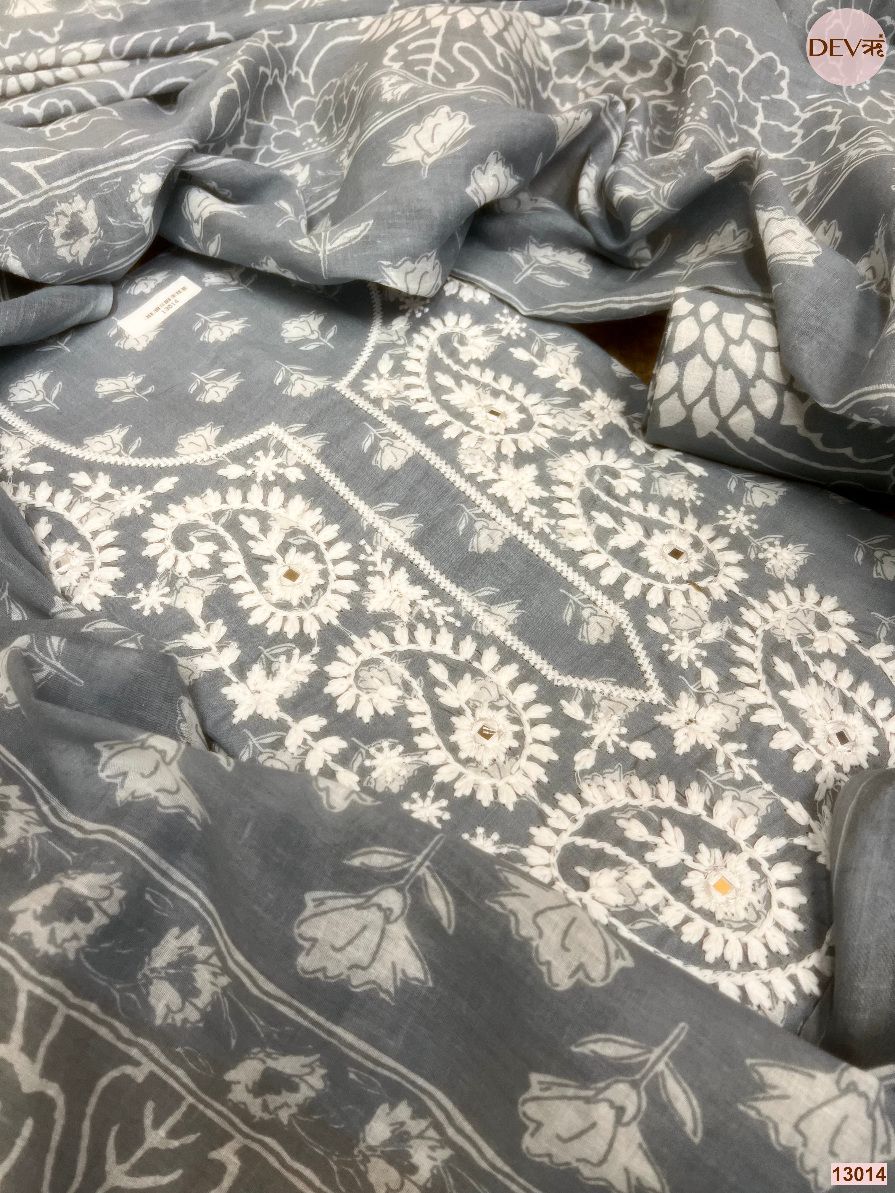 Grey Cotton Embroidered Unstitched 3-Piece Suit (Devri – D.No 13014)