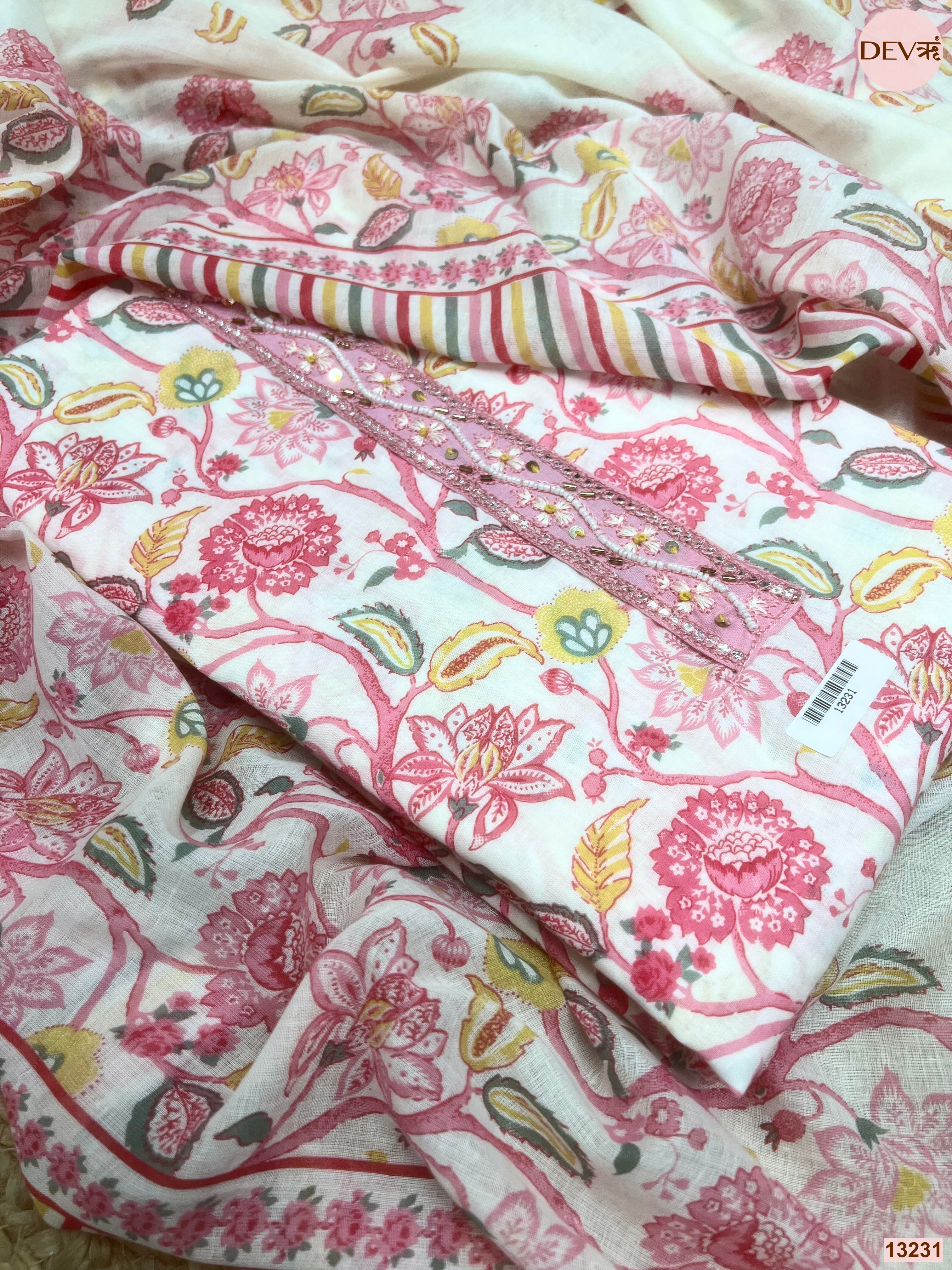 Pink Cotton Printed Unstitched 3-Piece Suit (Devri – D.No 13231)