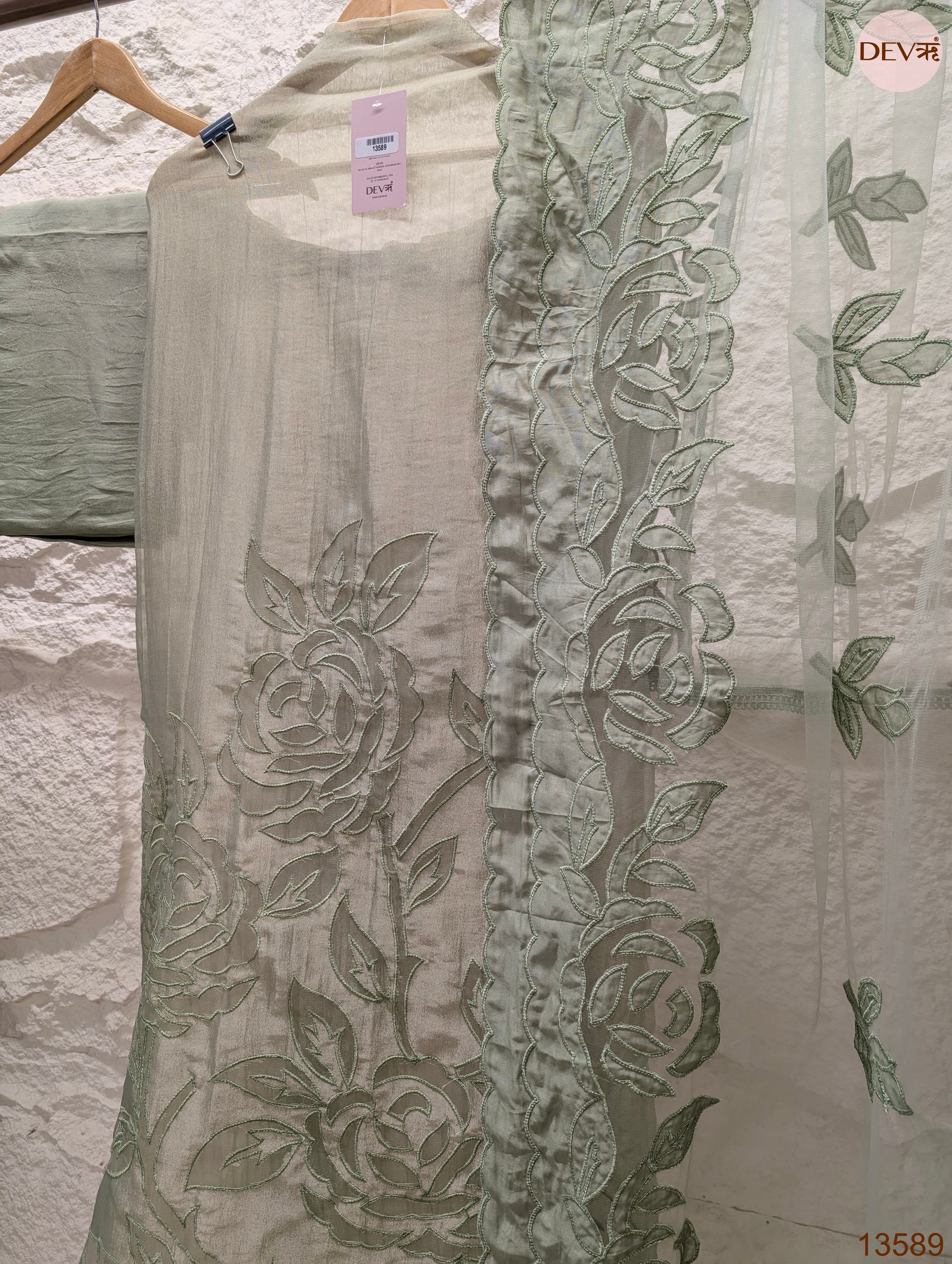 Sage Tissue Crush Silk Embroidered Unstitched 3-Piece Suit (Devri – D.No 13589)