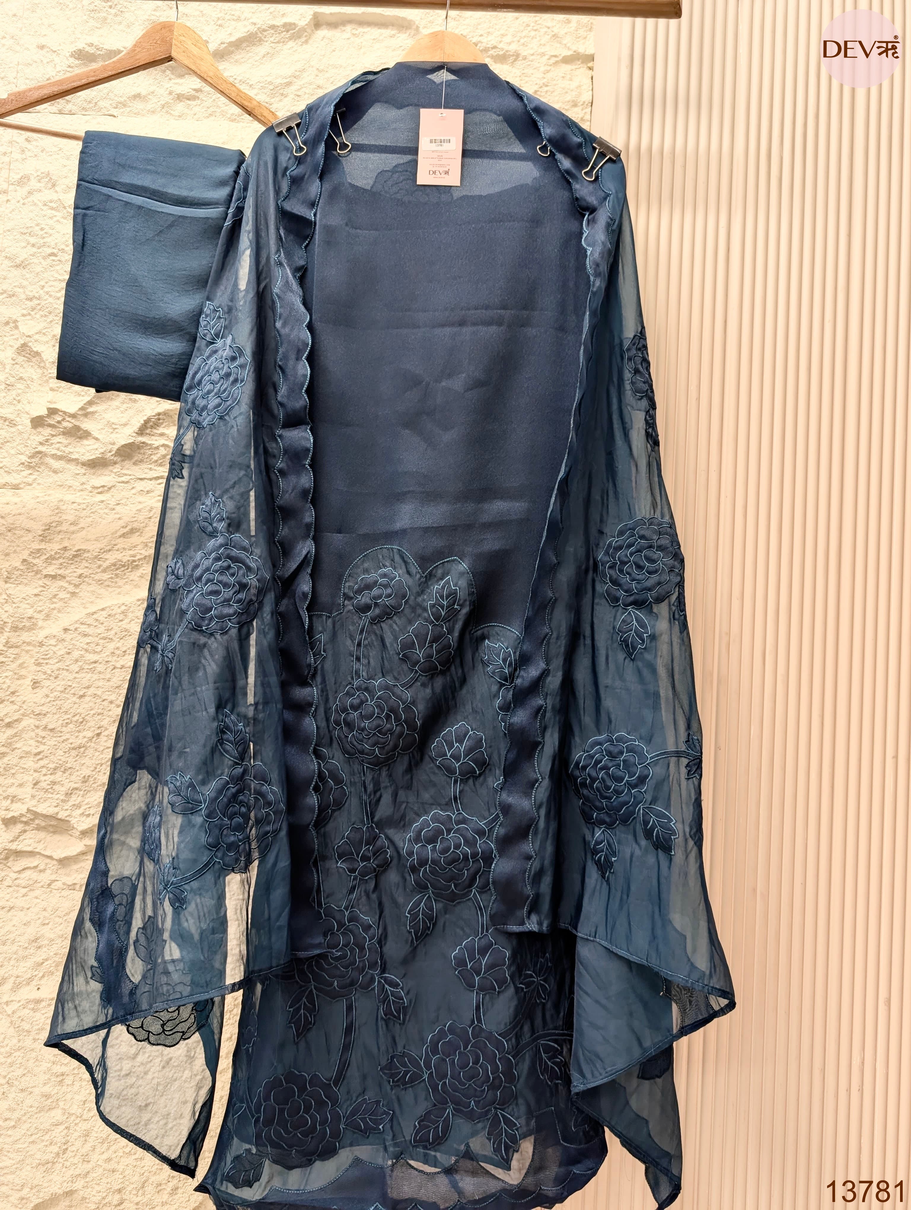 Blue Tissue Silk Blend Embroidered Unstitched 3-Piece Suit (Devri – D.No 13781)
