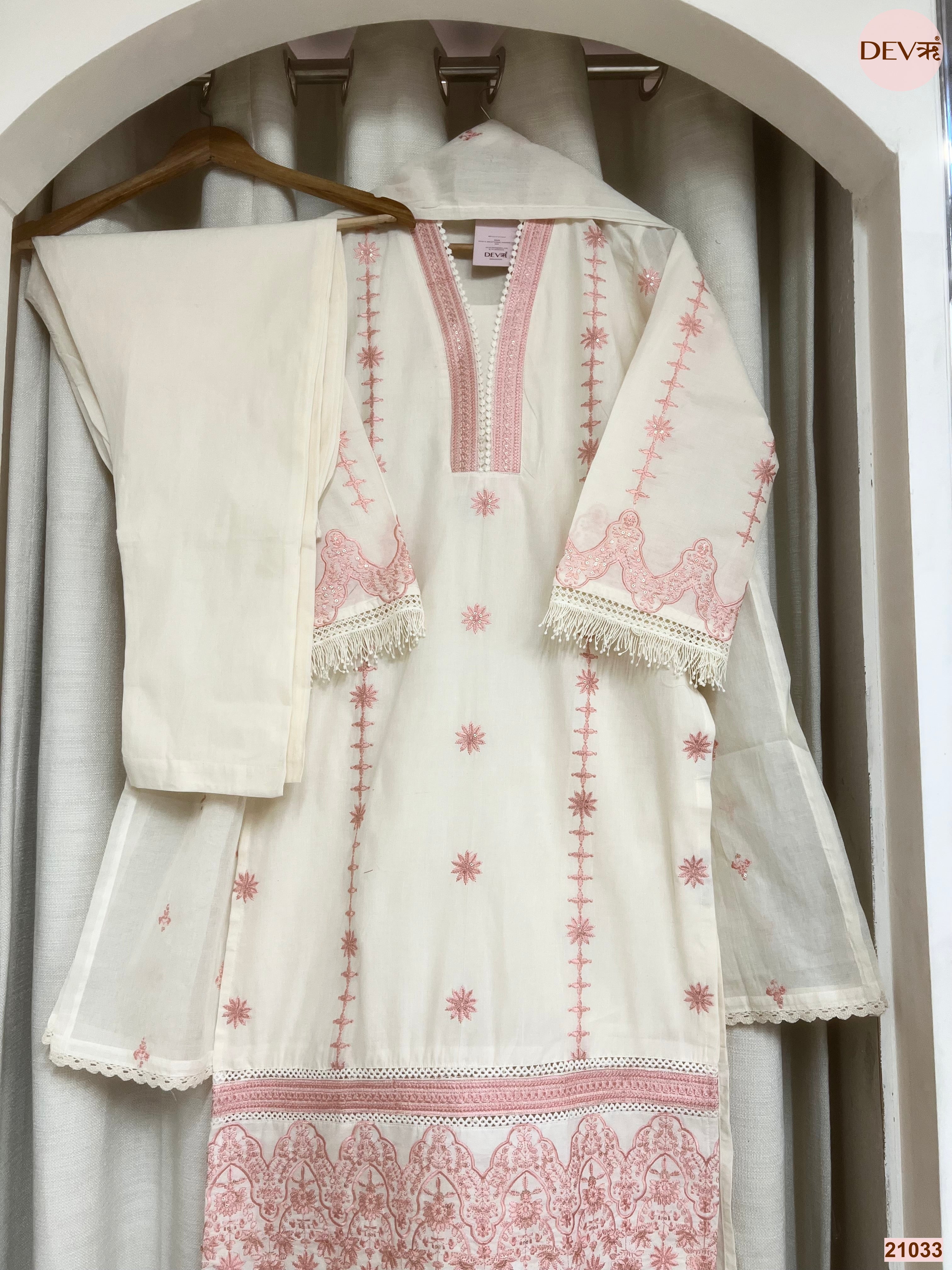 Gulnaar cotton Embroidered Off-White 3-Piece Set (Devri – D.No 21033)
