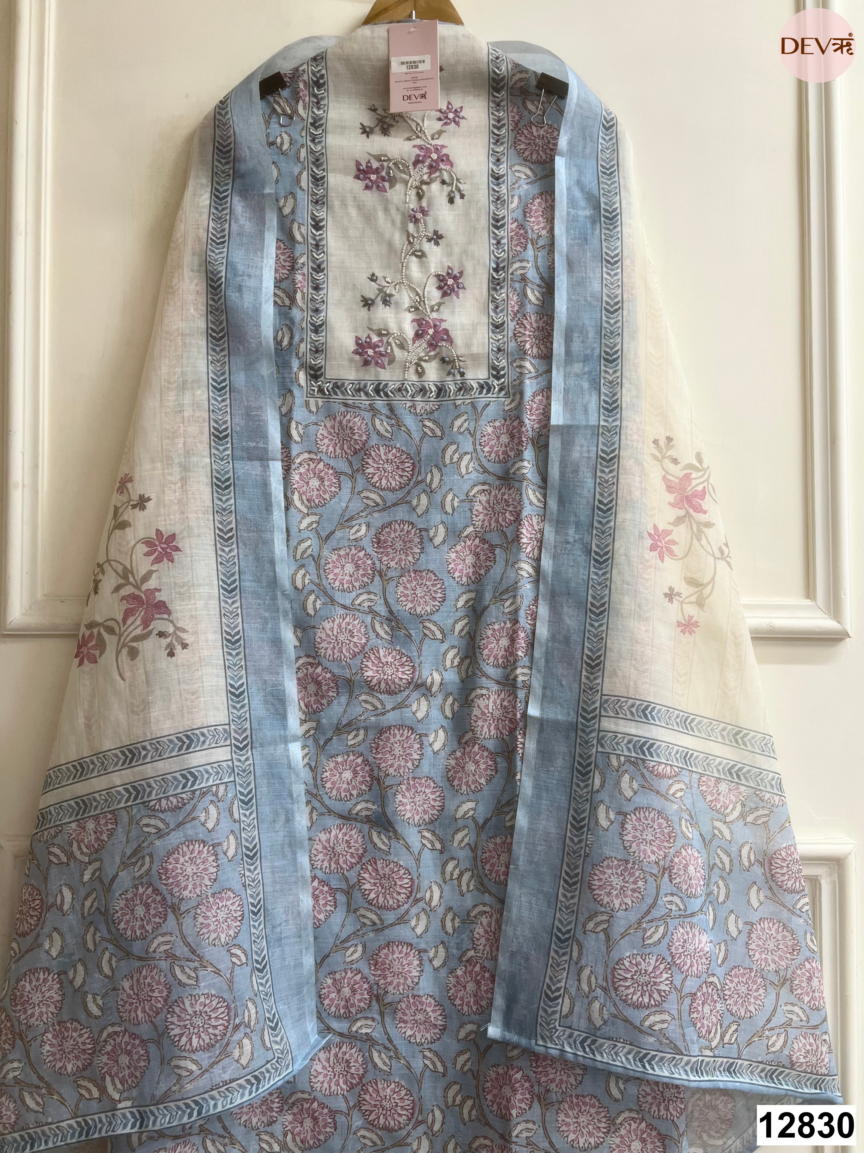 Blue Linen Cotton Printed Unstitched 3-Piece Suit (Devri – D.No 12830)