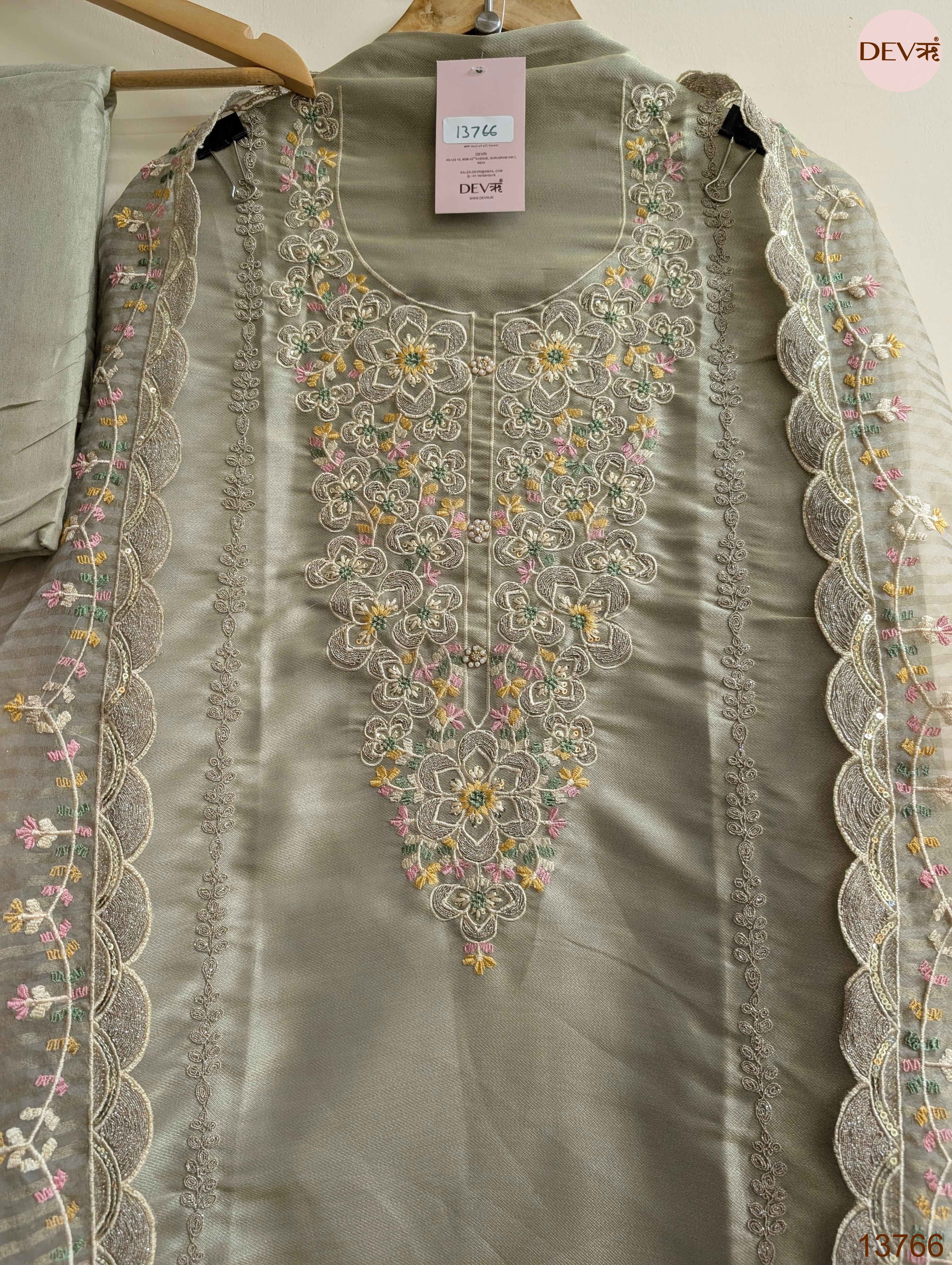 Grey Tissue Silk Embroidered Unstitched 3-Piece Suit (Devri – D.No 13766)