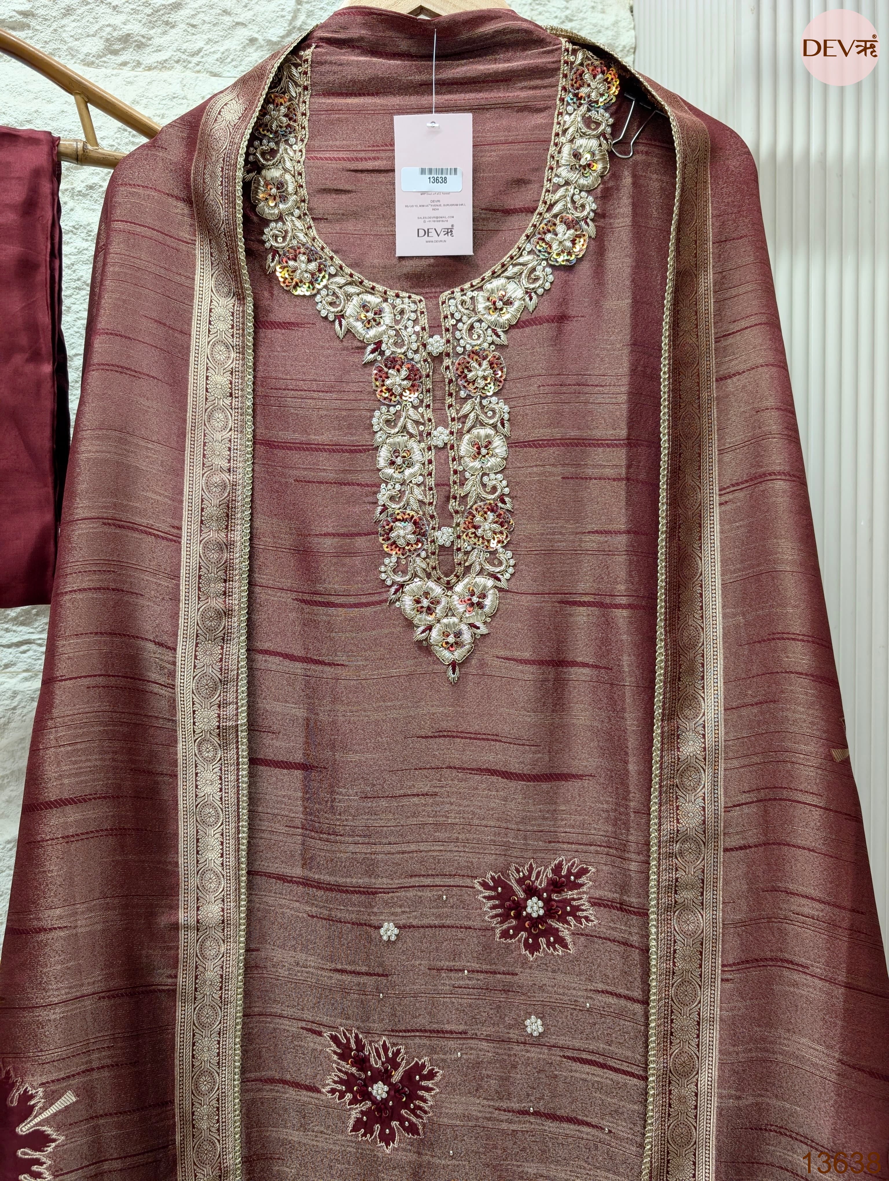 Wine Pure Girafe Banarasi Silk Embroidered Unstitched 3-Piece Suit (Devri – D.No 13638)