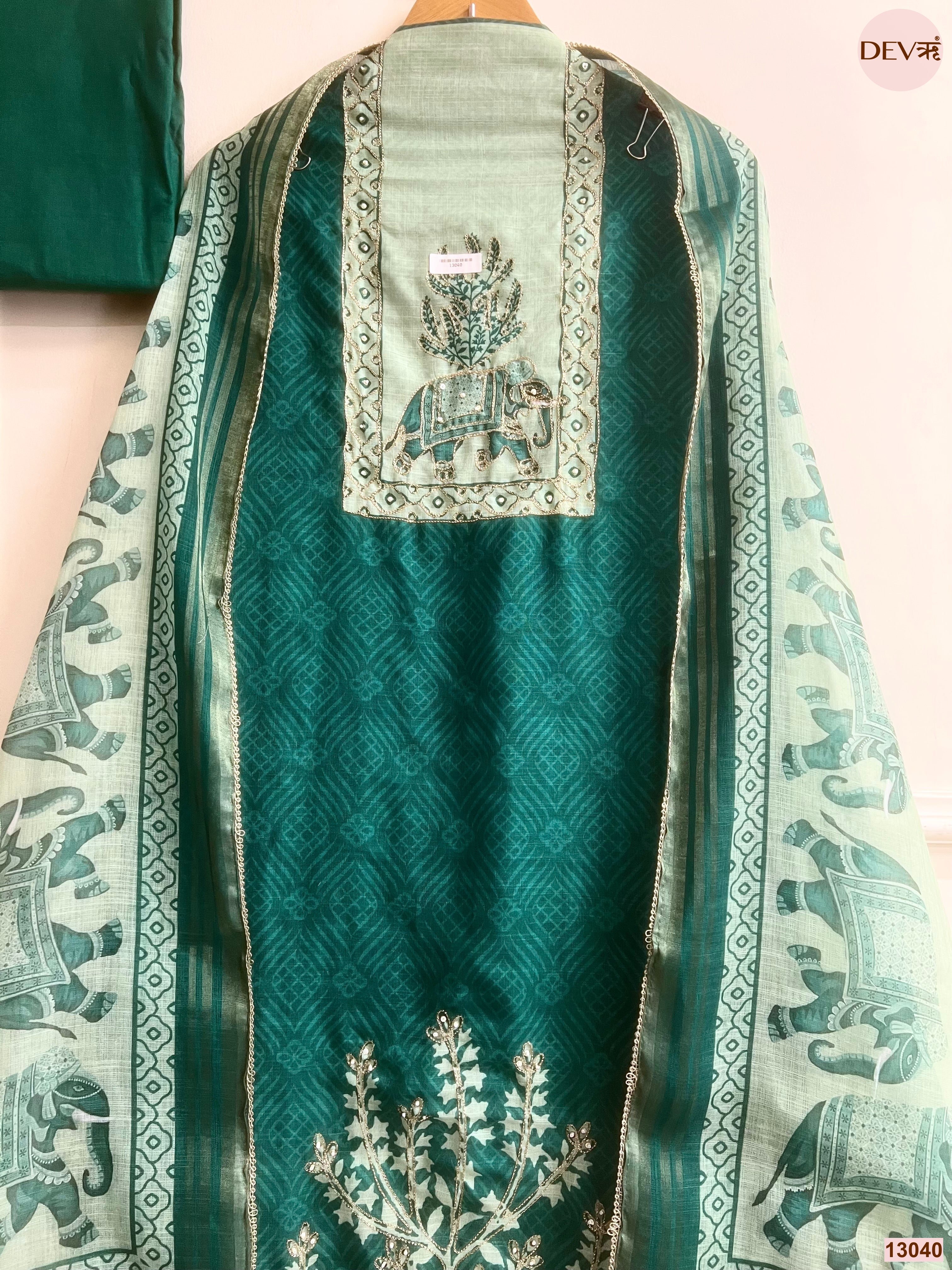 Green Linen Cotton Printed Unstitched 3-Piece Suit (Devri – D.No 13040)