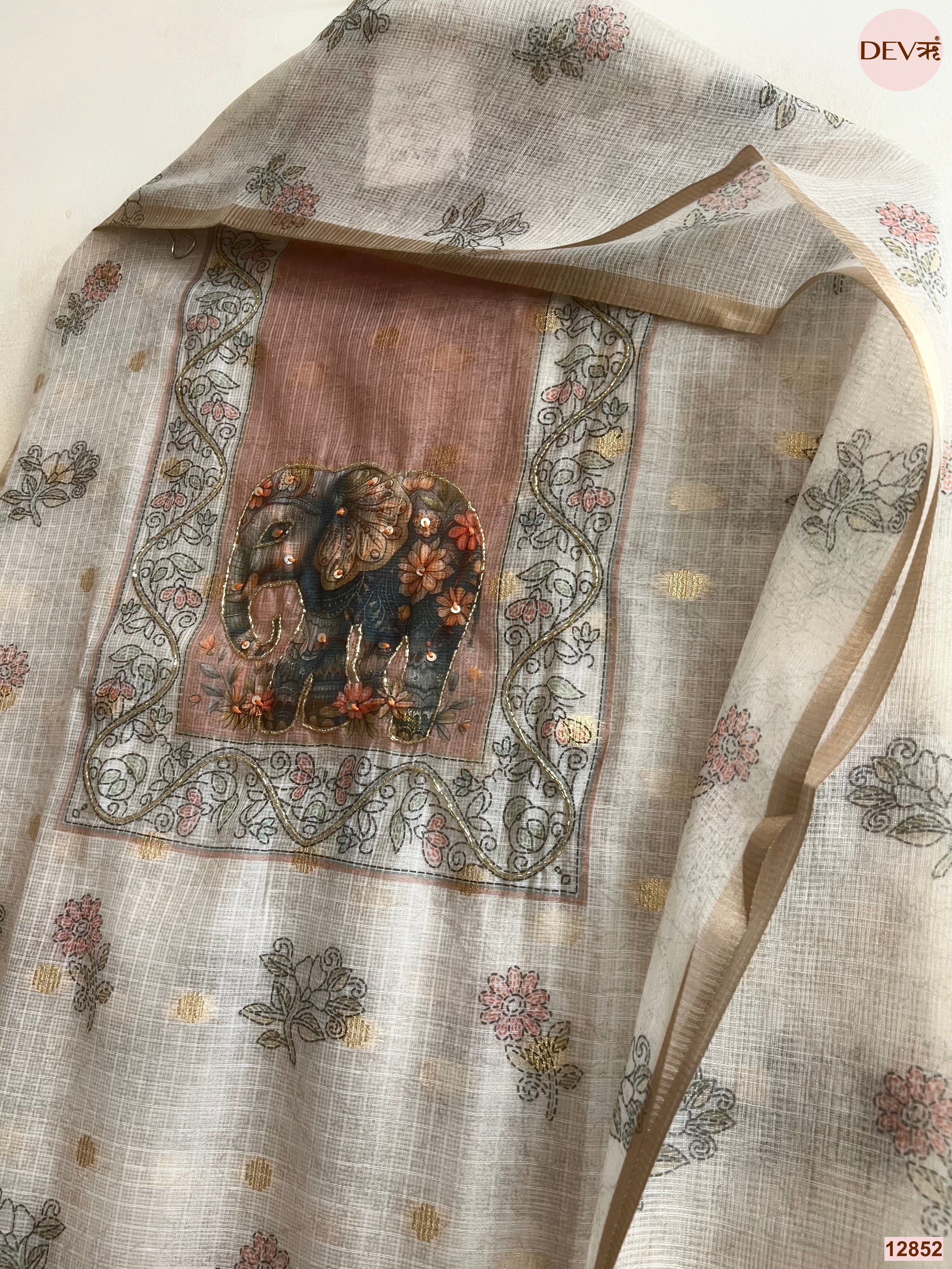 Dusty Pink Linen Cotton Printed Unstitched 3-Piece Suit (Devri – D.No 12852)
