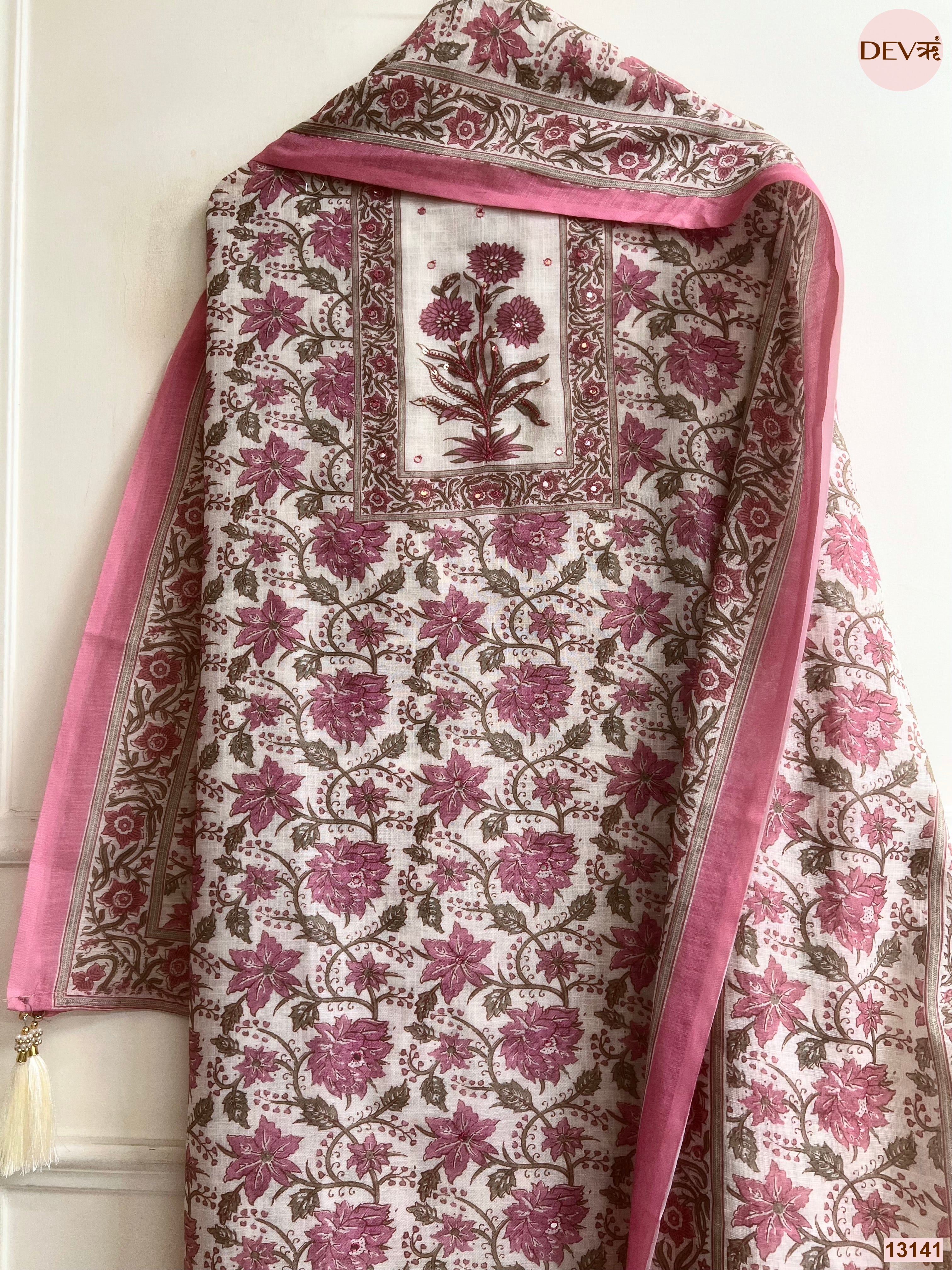 Pink Linen Printed Unstitched 3-Piece Suit (Devri – D.No 13141)