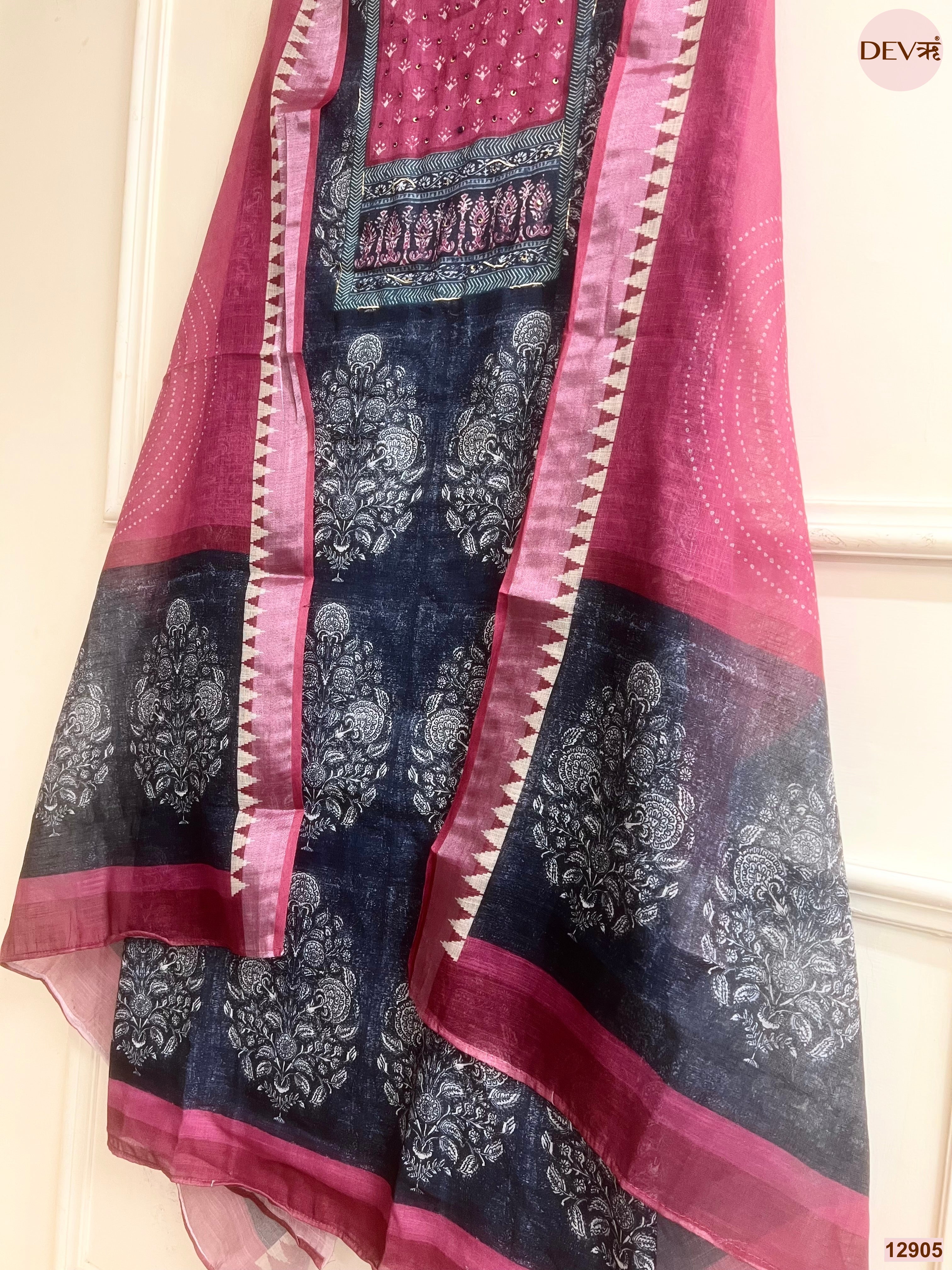 Pink Linen Cotton Printed Unstitched 3-Piece Suit (Devri – D.No 12905)