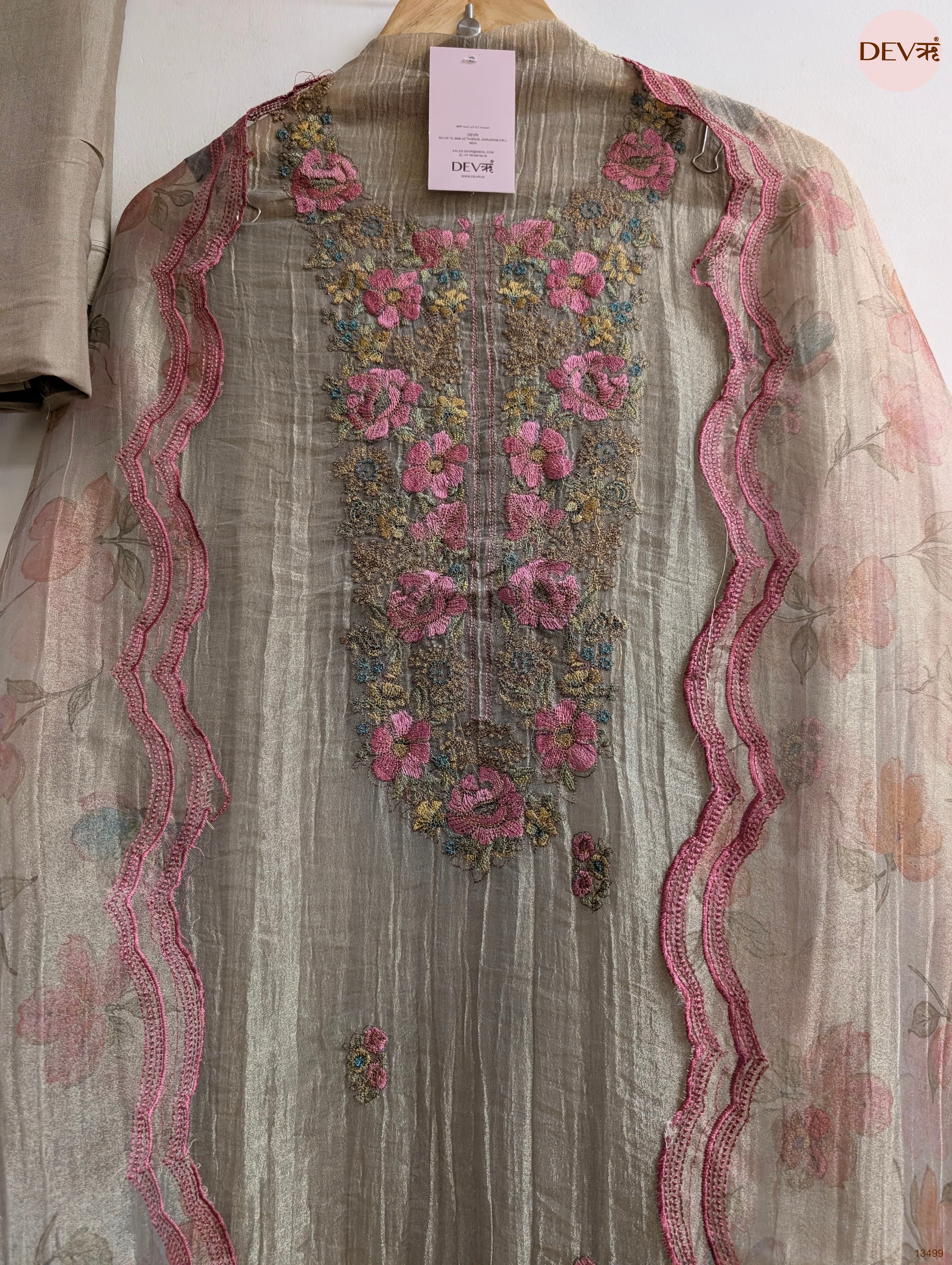 Beige Tissue Crush Silk Embroidered Unstitched 3-Piece Suit (Devri – D.No 13499)