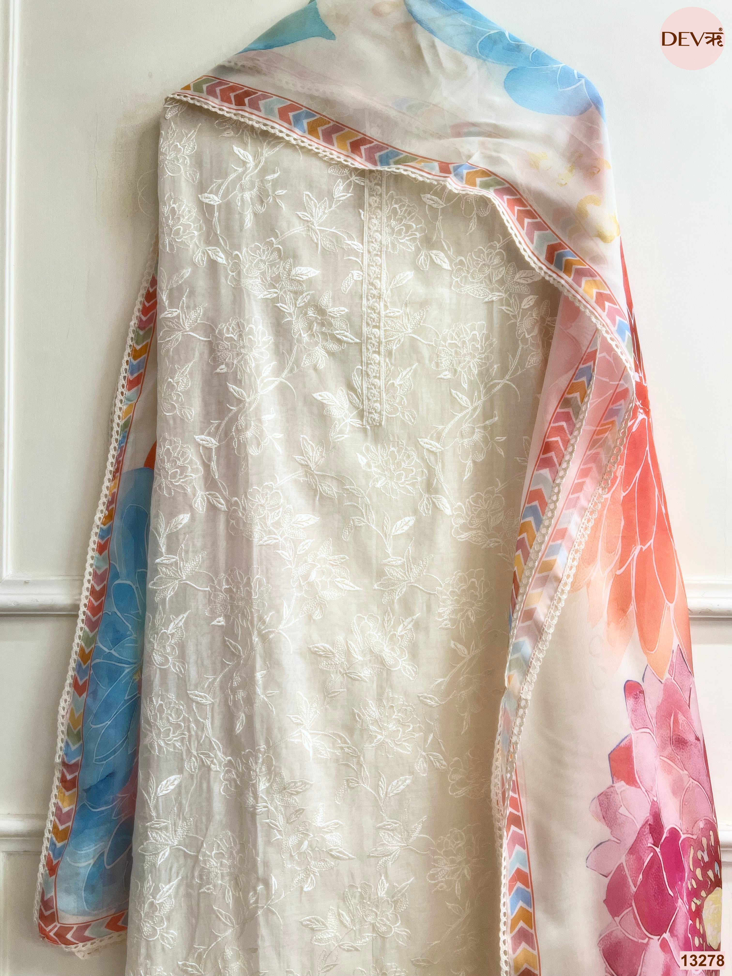 Cream Mul Chanderi Embroidered Unstitched 3-Piece Suit (Devri – D.No 13278)